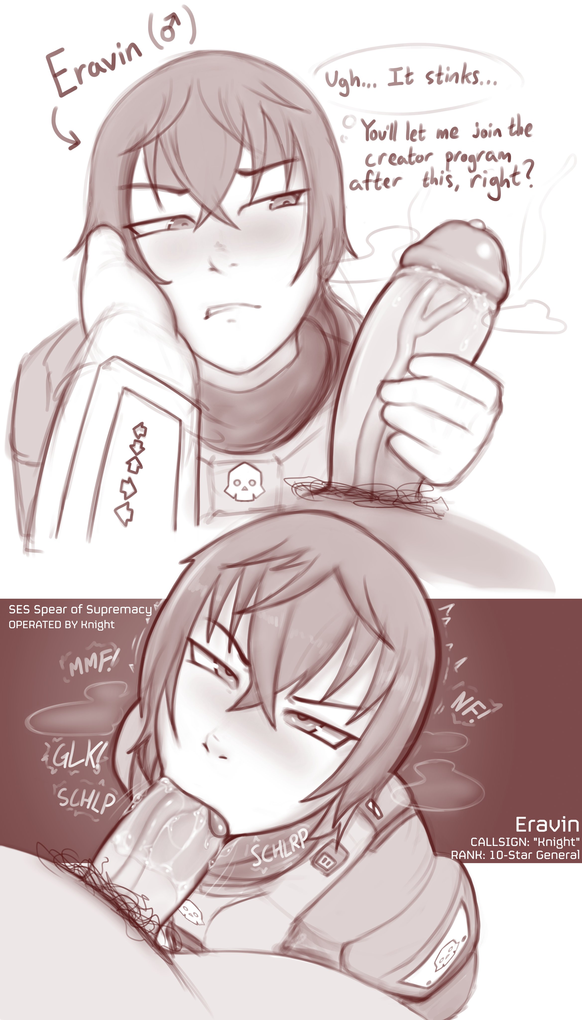 2boys, 2koma, blush, dialogue, doom captain, english text, eravin, fellatio, femboy, gay, gay sex, helldivers, looking at penis, male, male focus, male only, male/male, multiple boys, non-monetary prostitution, penis, prostitution, pubic hair, sexual favor, tagme, text, twink, virtual youtuber, vtuber, yaoi