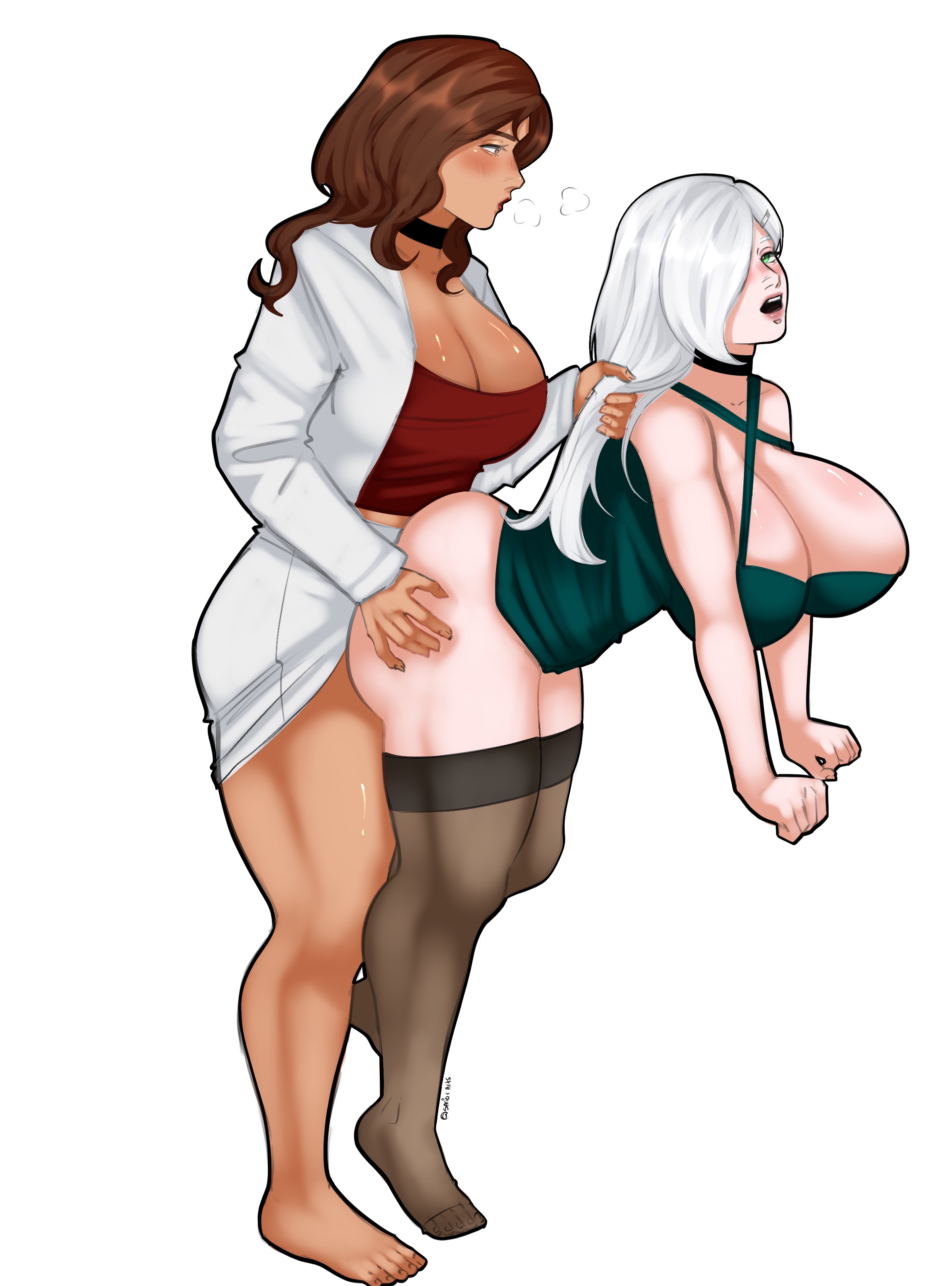 1futa, 1girls, athorment oc, big breasts, brown hair, choker, cleavage, clothed sex, dark-skinned futa, evelyn (athorment), futa on female, futanari, glossipershi, interracial, interracial couple, interracial sex, intersex, intersex/female, jade (raindle), latina, light-skinned female, lipstick, raindle oc, tagme, wavy hair, white hair