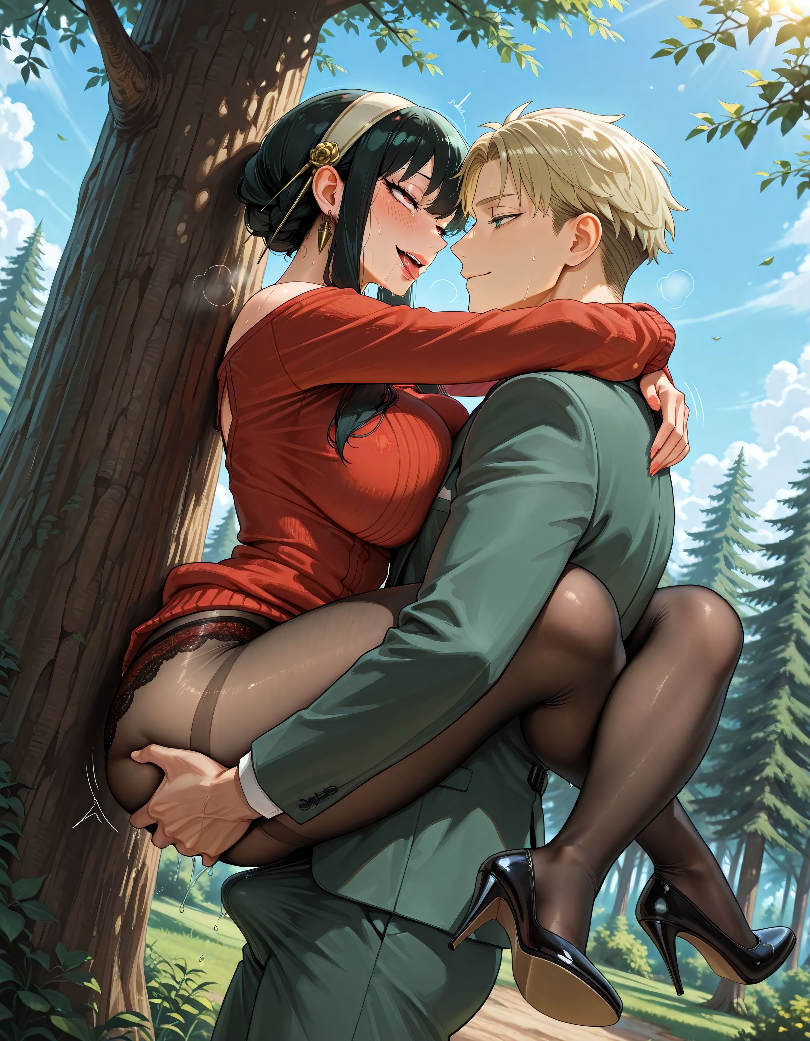 1boy, 1girls, against tree, ai art, ai generated, big breasts, black hair, busty, carrying partner, closed eyes, curvy, curvy figure, embracing, erection under clothes, hairband, hi res, high heels, highres, horny male, huge breasts, husband and wife, imminent sex, large breasts, light-skinned female, loid forger, long hair, making out, passionate, passionate kiss, red eyes, spy x family, stable diffusion, standing, they had lots of sex afterwards, twilight (spy x family), vertiloart, voluptuous, voluptuous female, yor briar, yor forger
