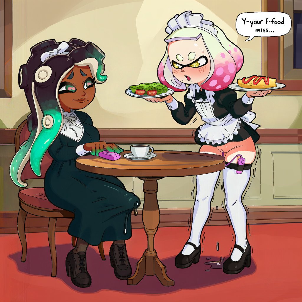 1futa, 1girls, ai assisted, ai generated, blush, boner, english text, erection, female, futanari, intersex, kokenaart, looking at another, maid, maid outfit, marina (splatoon), off the hook (splatoon), pearl (splatoon), penis, precum, precum drip, precum on penis, pussy, pussy juice, remote control vibrator, splatoon, splatoon (series), splatoon 2, victorian dress, waiting, yuri