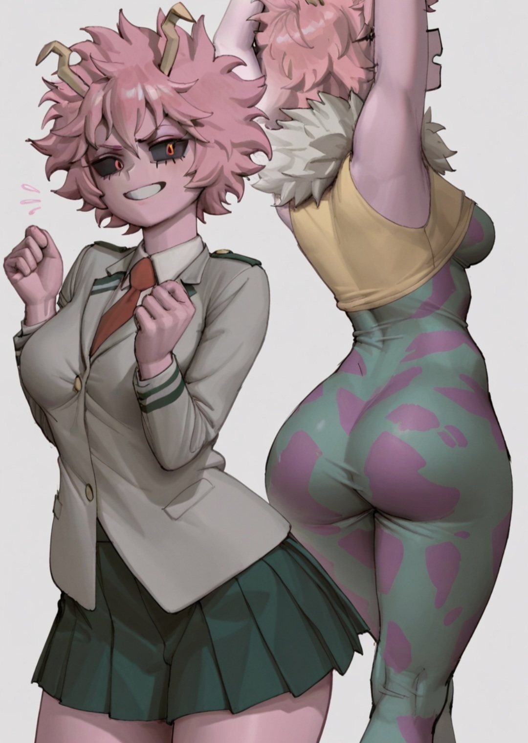1girls, ai generated, aqua051, ashido mina, ass, ass focus, back view, big ass, black eyes, boku no hero academia, breasts, clothed, clothing, excited, female, female focus, female only, front view, hair, hero outfit (mha), horn, horns, huge ass, human, looking at viewer, massive ass, medium breasts, mina ashido, my hero academia, open eyes, pink body, pink hair, revealing clothes, school uniform, schoolgirl, short hair, smile, smiling, smiling at viewer, solo, solo focus, standing, teenage female, teenager, teeth, thick thighs, thighs, tight clothing, tight fit, young
