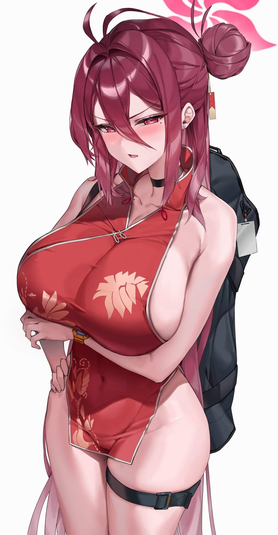 1girls, big breasts, blue archive, blush, breasts, earrings, female, female only, halo, hands on breasts, mole under eye, no panties, qipao, reijo (blue archive), samart, shanhaijing secondary school student, sideboob, thick thighs