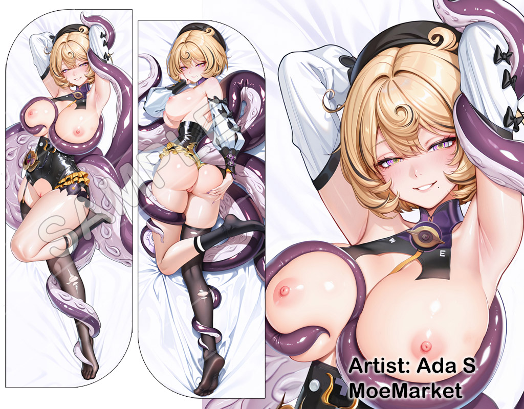 blonde hair, cleavage, dakimakura, dakimakura design, detached sleeves, looking at viewer, ringed eyes, single sock, single thighhigh, tentacle, yidhari murphy, zenless zone zero