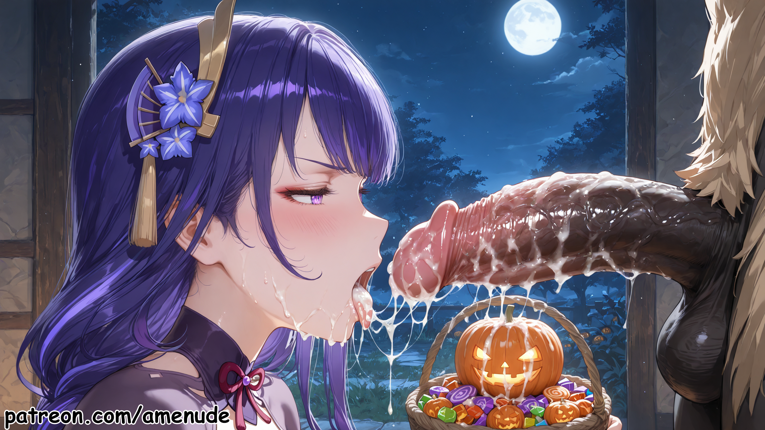 1boy, 1girls, after fellatio, ai generated, amenude ai, big penis, blush, cum drip, cum dripping from mouth, cum dripping from penis, cum in mouth, cum leaking, cum string, dark-skinned male, duo, female, genshin impact, halloween decoration, high quality, high resolution, highres, hilichurls (species), long hair, male, mouth full of cum, night, open mouth, patreon, penis, purple eyes, purple hair, raiden shogun, swallowing cum, tongue, tongue out, uncensored, vein, veiny penis, watermark