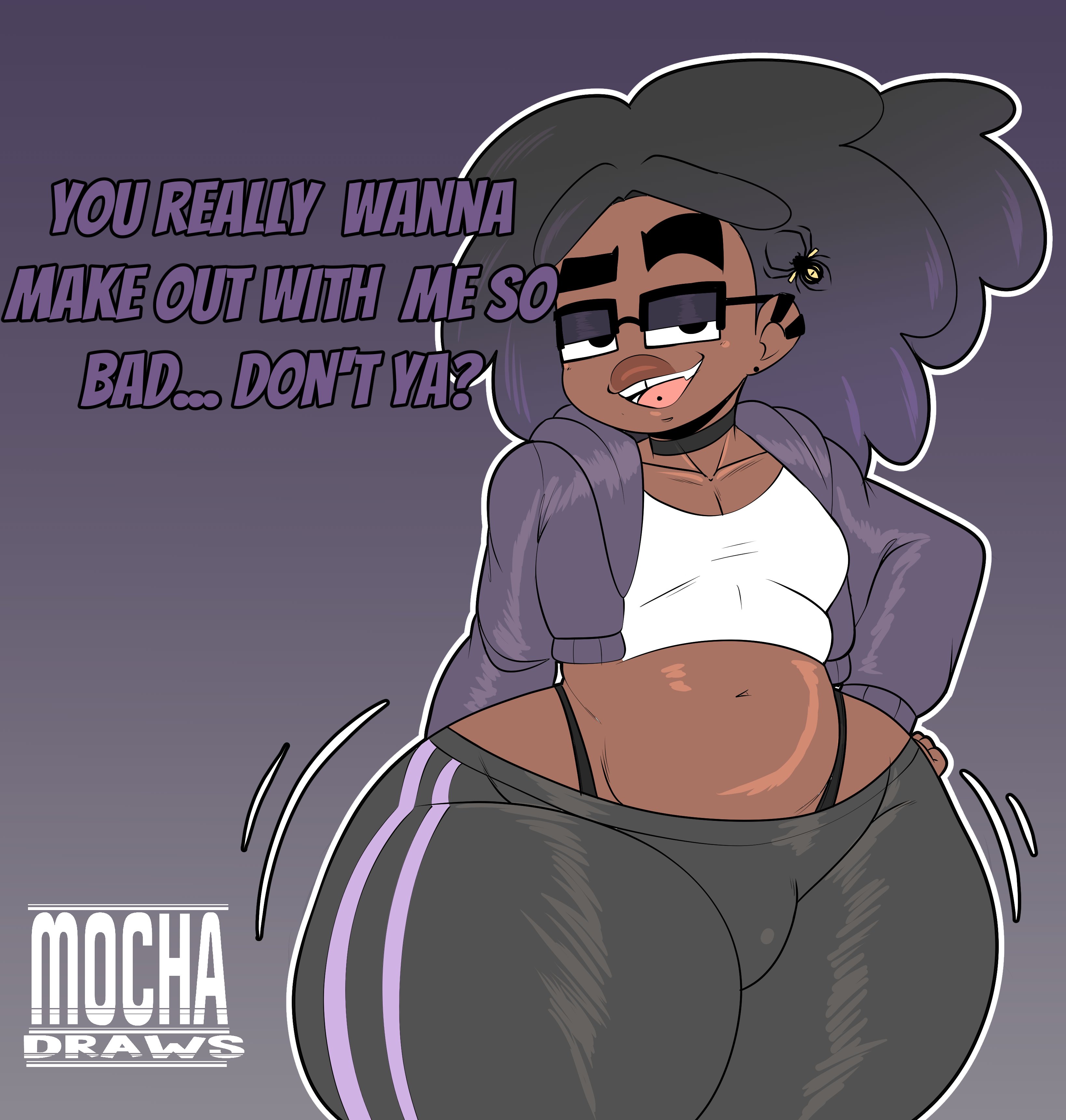 1boy, 2d, bedroom eyes, belly, big lips, bottom heavy, bottom heavy femboy, bulge, chris (cross-sama), chubby, chubby belly, chubby femboy, chubby male, clothed, clothed male, clothes, color, crop top, cropped hoodie, cross samax, dark skin, dark-skinned femboy, dark-skinned male, dialogue, ear piercing, english text, femboy, femboy only, full color, girly, glasses, hoodie, leggings, lips, male, male only, motion lines, non-nude, oc, open mouth, original, original character, piercings, shortstack, sole male, solo, talking to viewer, text, thick thighs, tongue piercing, voluptuous, voluptuous femboy, wide hips