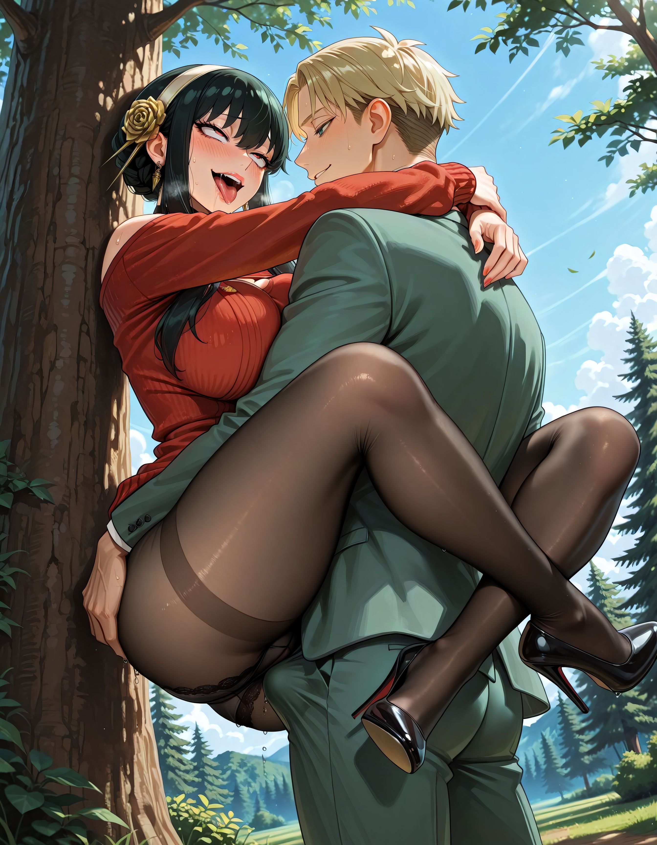 1boy, 1girls, against tree, ai art, ai generated, big breasts, black hair, busty, carrying partner, closed eyes, curvy, curvy figure, embracing, erection under clothes, hairband, hi res, high heels, highres, horny male, huge breasts, husband and wife, imminent sex, large breasts, light-skinned female, loid forger, long hair, making out, passionate, passionate kiss, red eyes, spy x family, stable diffusion, standing, they had lots of sex afterwards, twilight (spy x family), vertiloart, voluptuous, voluptuous female, yor briar, yor forger