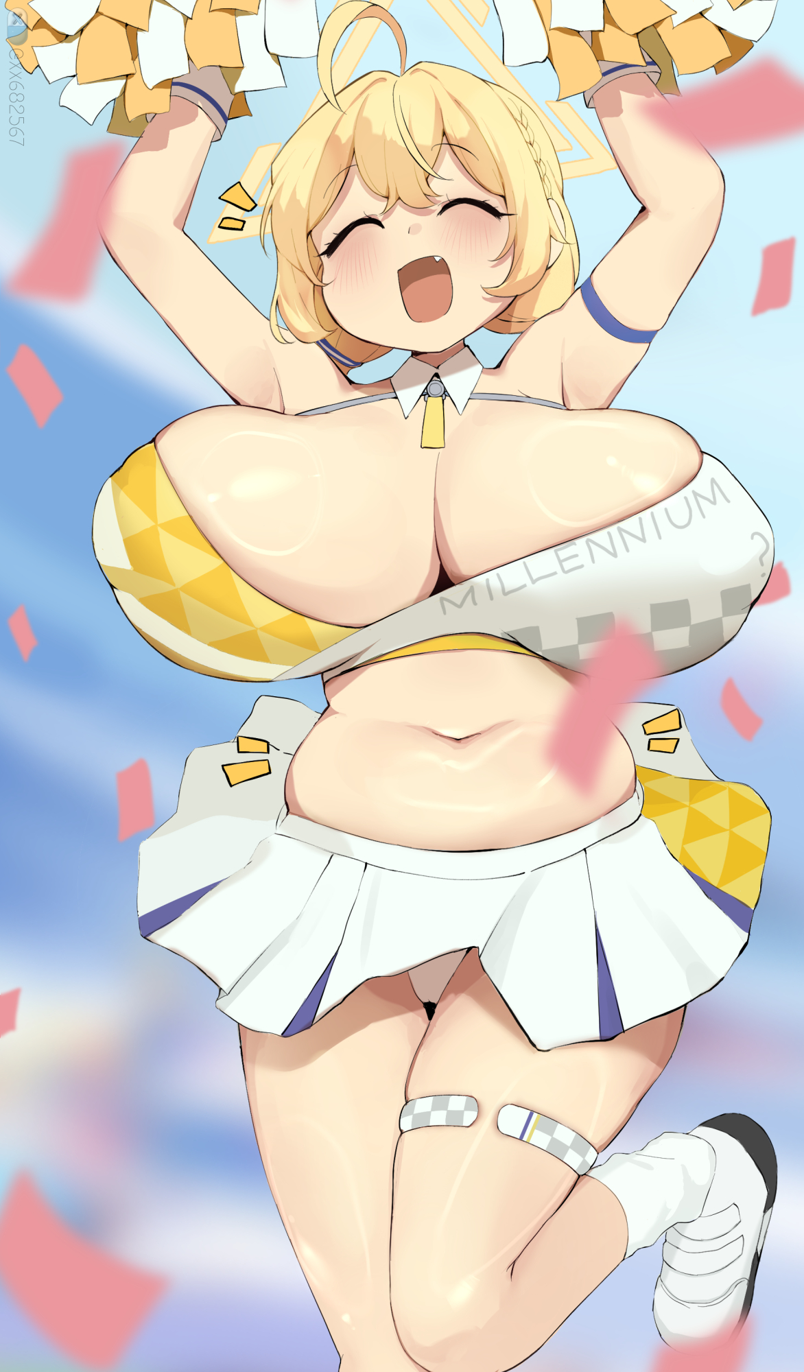 1girls, 2023, absurd res, blonde hair, blue archive, bouncing breasts, breasts, cheerleader, cheerleader uniform, engineering department (blue archive), female, female focus, hi res, huge breasts, kotori (blue archive), kotori (cheerleader) (blue archive), millennium cheerleader outfit (blue archive), millennium science school student, minggoo, short hair, solo, solo female, solo focus, thighs, white panties, xx682567