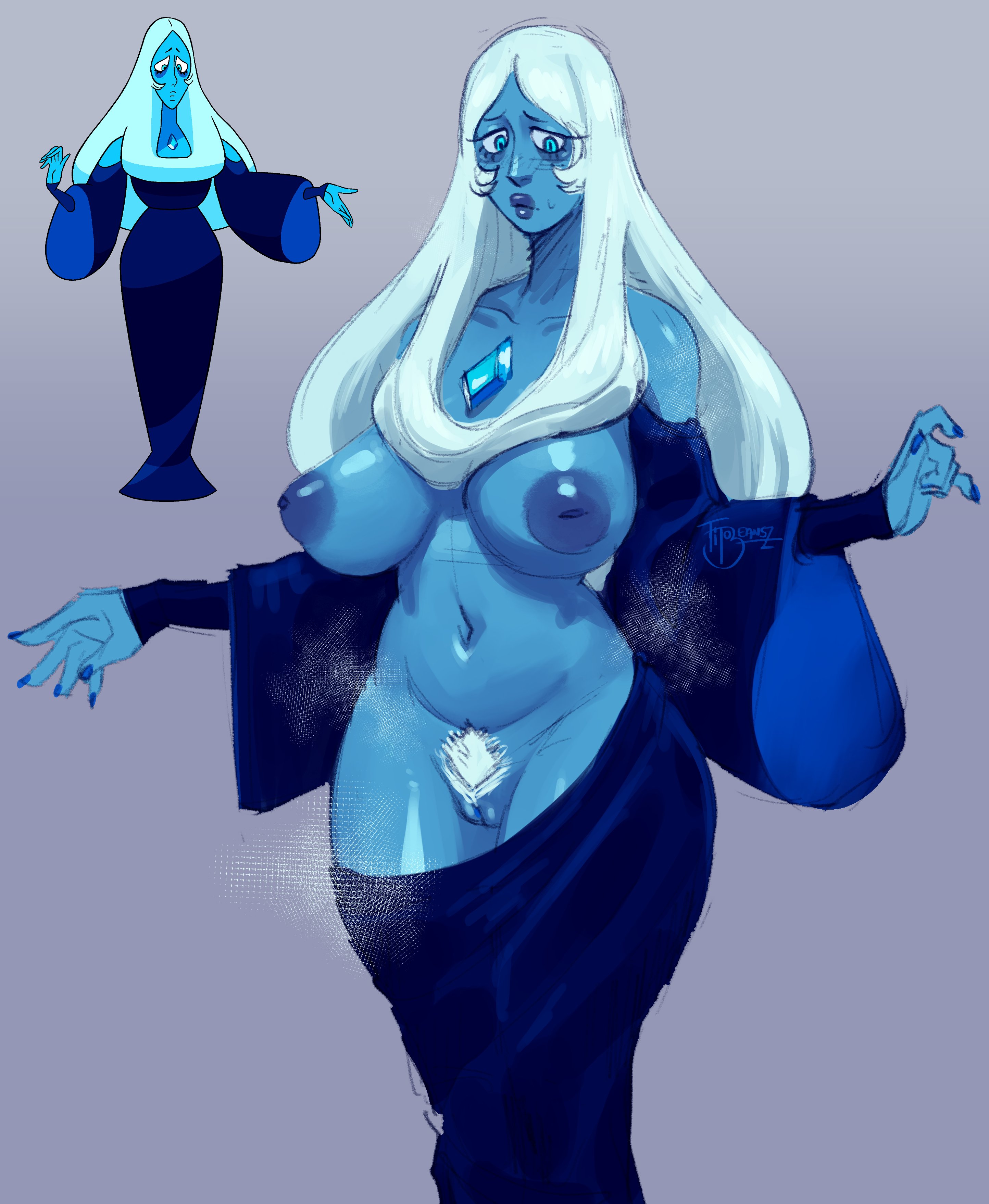 1girls, blue diamond (steven universe), blue eyes, blue hair, blue nipples, blue skin, blue-skinned female, breasts, cartoon network, exposed breasts, exposed pussy, female, inverted nipples, long hair, nipples, no bra, no panties, no underwear, non-human, pubic hair, pussy, reference image, steven universe, thick thighs, titobeansz