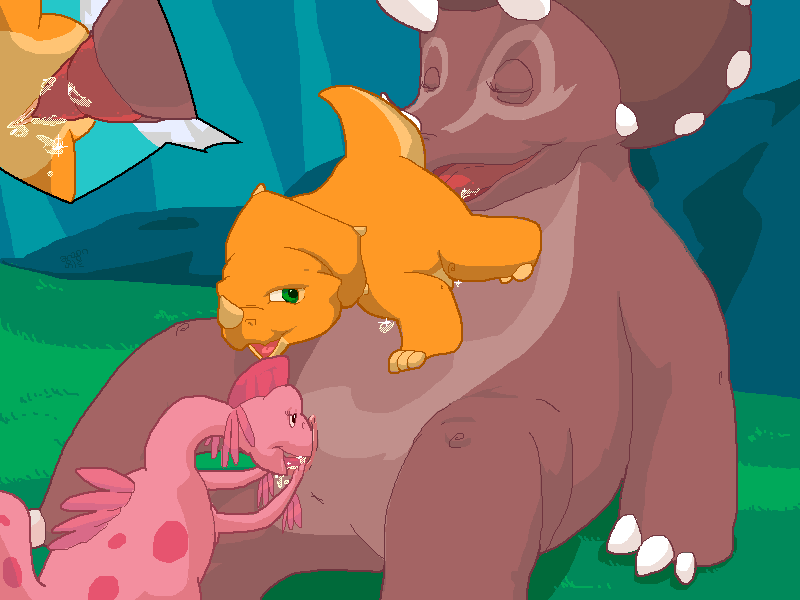 3girls anthro anus cera closed_eyes cunnilingus dinosaur female female_only feral group group_sex multiple_girls pussy ruby_(the_land_before_time) size_difference the_land_before_time threesome tongue tria yuri