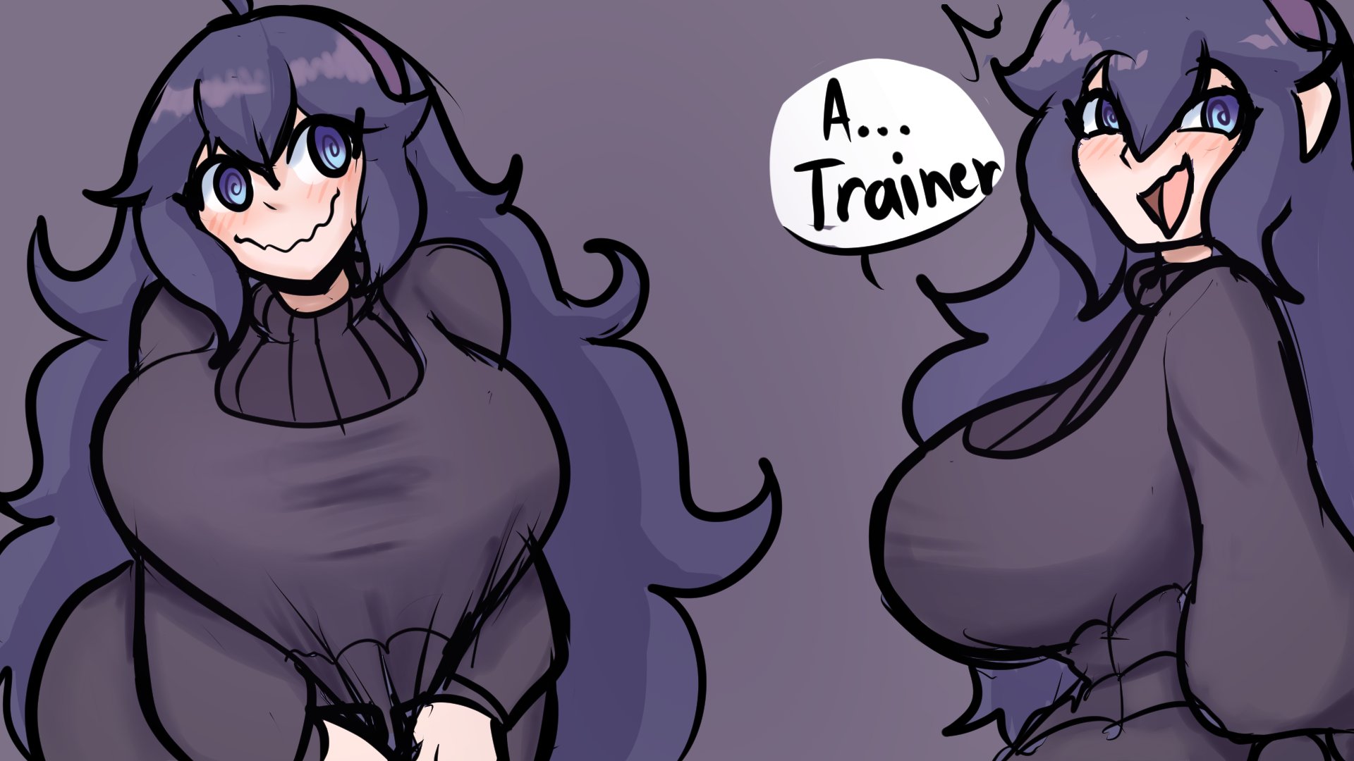 1girls, breasts, desiredelta, dialogue, female, game freak, hex maniac, hex maniac (pokemon xy), huge breasts, large breasts, nintendo, pokemon, pokemon xy, purple eyes, purple hair, solo, speech bubble, text, wide hips