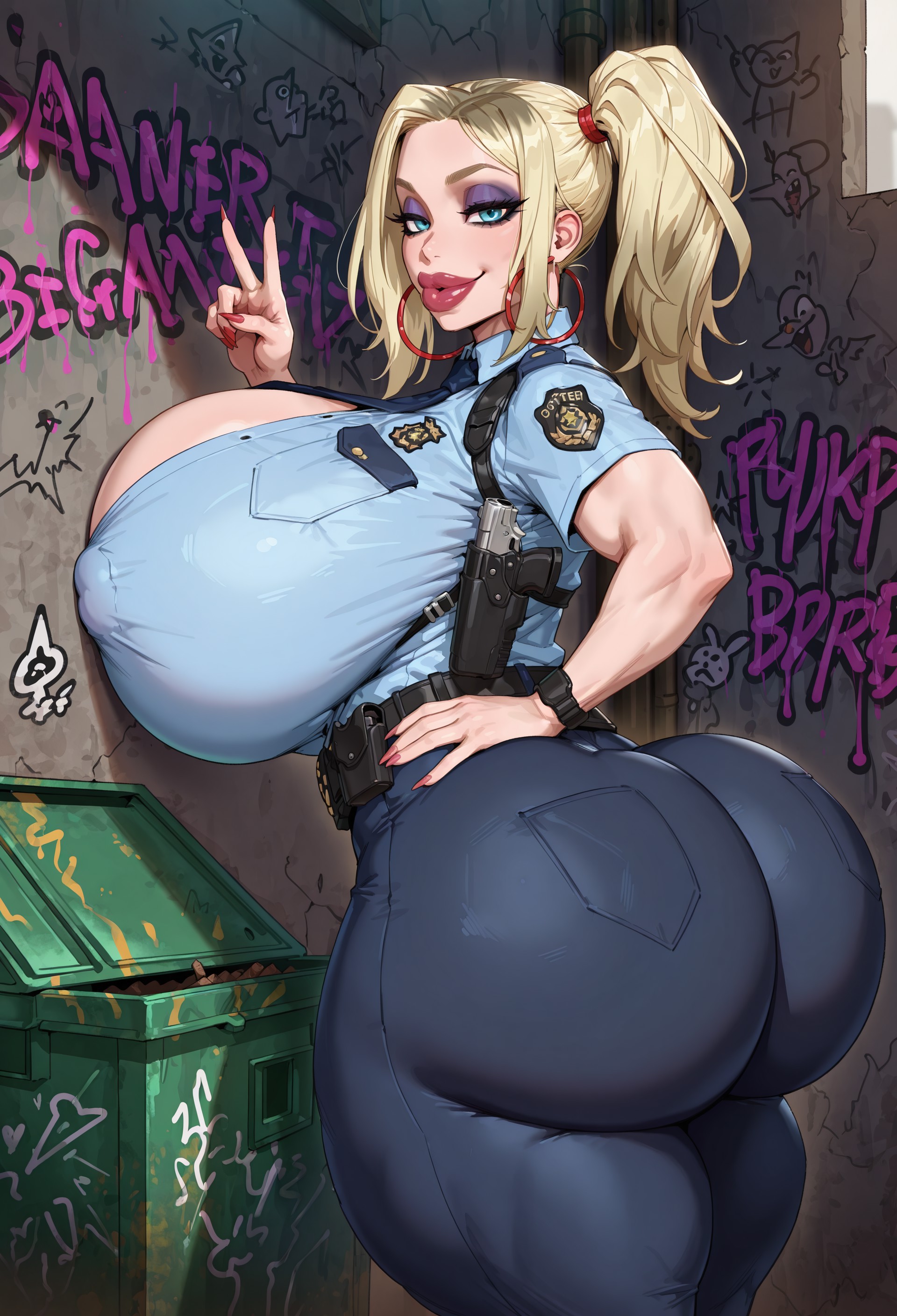 1girls, ai generated, alley, ass, ass focus, belt, bimbo, blonde hair, blue eyes, breasts, covered nipples, dumpster, erect nipples, eyeshadow, female, female only, graffiti, gun, holster, holstered weapon, hoop earrings, huge ass, huge breasts, light-skinned female, logan d, looking at viewer, looking back, mirra snow, police, police uniform, policewoman, red nails, side ponytail, solo, solo female, thick lips, thick thighs, tight clothing, v
