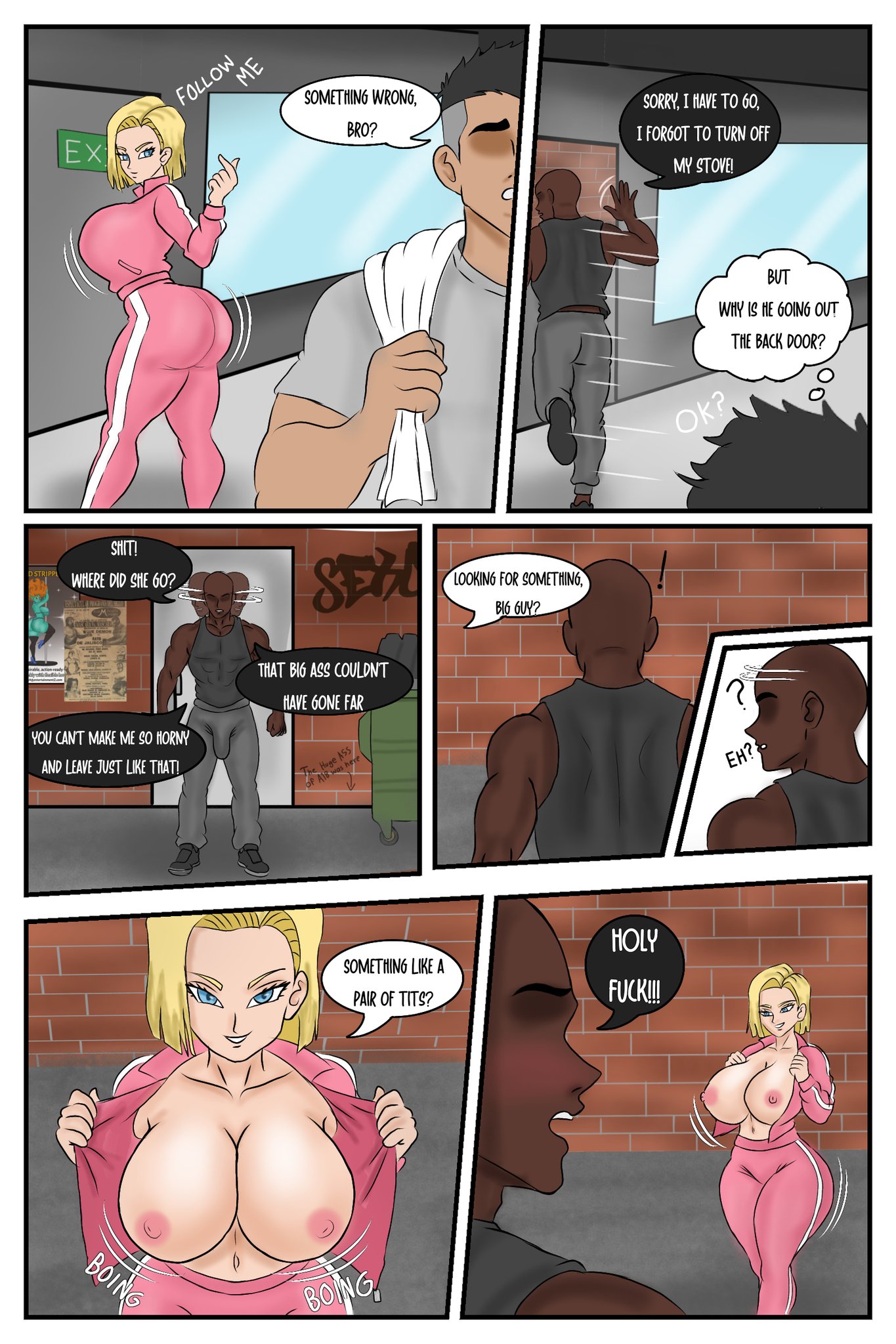 android, android 18, android girl, blonde hair, blue eyes, cheating wife, comic, comic page, cuckold, cyborg, cyborg girl, dark-skinned male, dragon ball, dragon ball super, dragon ball z, grey sweatpants, gym, gym bottomwear, gym clothes, gym clothing, gym shorts, gym uniform, huge ass, interracial, male, milf, mother, ntr, pink track jacket, pink track suit, pink tracksuit, raceplay, therbldmn, therebeldemon, wife