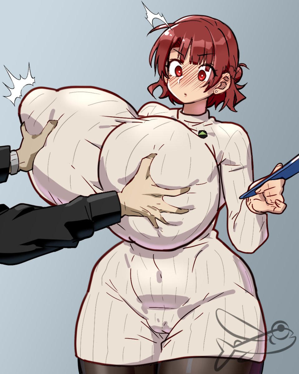 ago dashi7532, big breasts, blue lock, blush, breast grab, breasts, breasts bigger than head, cameltoe, female, gigantic breasts, hip dips, huge breasts, jinpachi ego, light-skinned female, long sleeves, nipple bulge, red eyes, red hair, short hair, surprised, tagme, teieri anri, tight clothing, wide hips