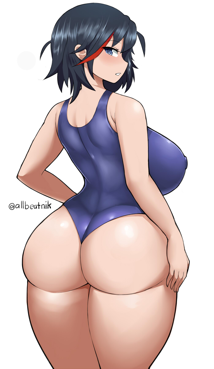 1girls, 2025, allbeatnik, ass, big ass, big breasts, black hair, blue eyes, blush, breasts, female, huge ass, huge breasts, kill la kill, looking back, matoi ryuuko, nipple bulge, one-piece swimsuit, solo, solo female, swimsuit, tagme, thick ass