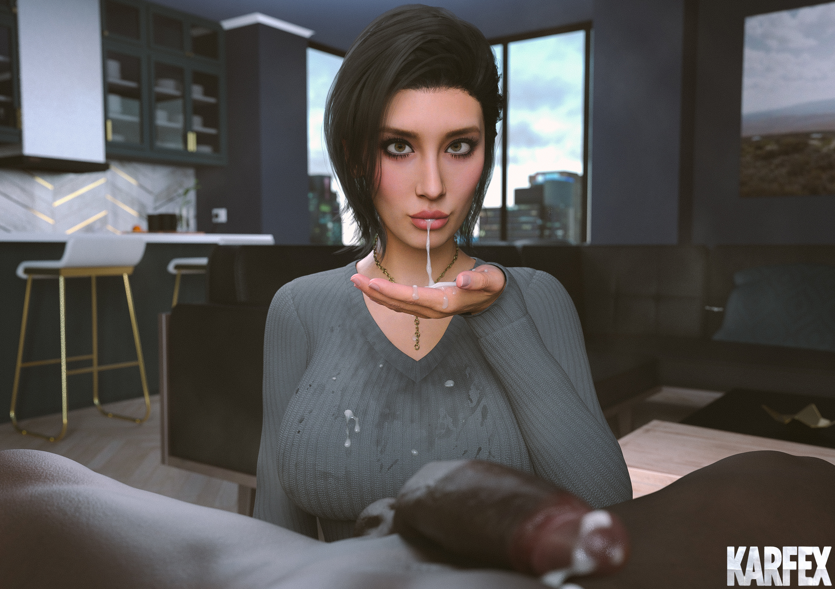 1boy, 1girls, 3d, after fellatio, after sex, ashley (karfex), balls, breasts, brown hair, brunette hair, cheating, cheating (relationship), cheating female, cheating girlfriend, cheating wife, cuck, cuckold, cuckolding, cum, cum in mouth, cum on face, cum on hand, dark skin, dark-skinned male, female, huge balls, huge breasts, huge cock, interracial, karfex, light-skinned female, male, netorare, netorase, ntr, penis, stain, stained clothes, tagme, wife