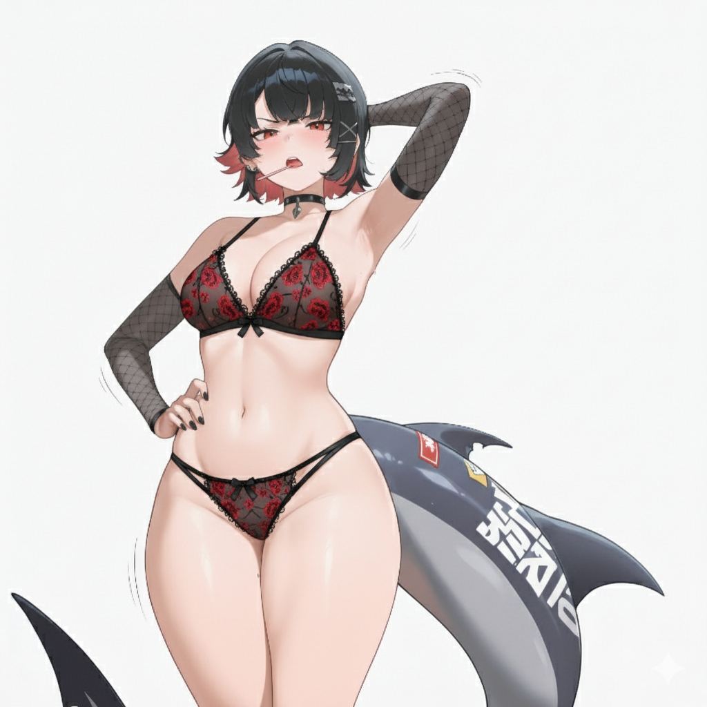ai generated, blush, bra, breasts, choker, ellen joe, female, lollipop, looking at viewer, navel, open mouth, panties, shark tail, zenless zone zero