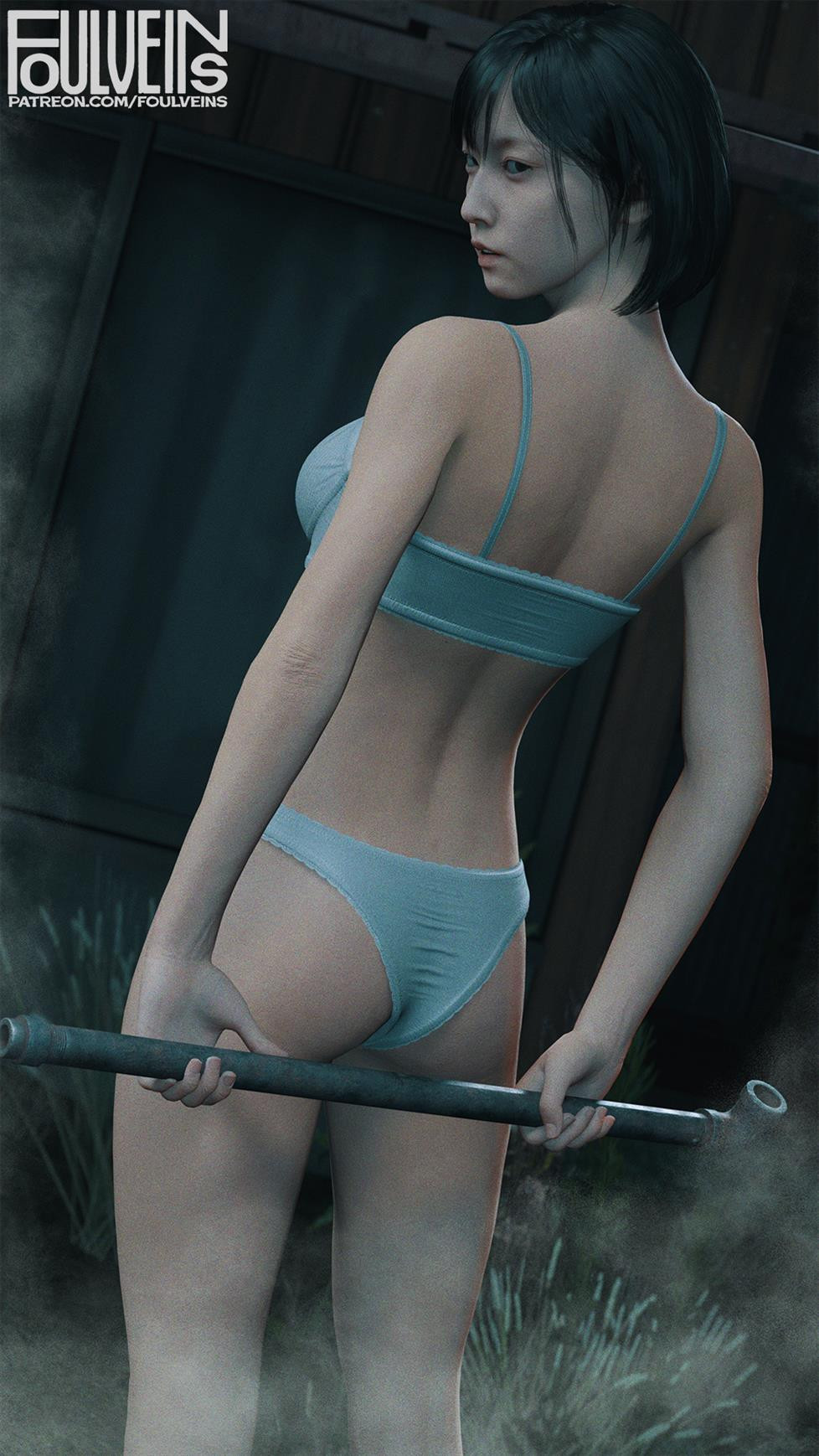 3d, arms behind back, asian, ass, back, black hair, blue eyes, bra, breasts, clothing, female, foulveins, from behind, grass, high resolution, hinako shimizu, holding, holding object, holding weapon, human, jimiko, konami, lead pipe, looking back, medium breasts, pale skin, panties, pantsu, pipe, short hair, silent hill, silent hill f, solo, standing, underwear, underwear only, weapon, white bra, white panties