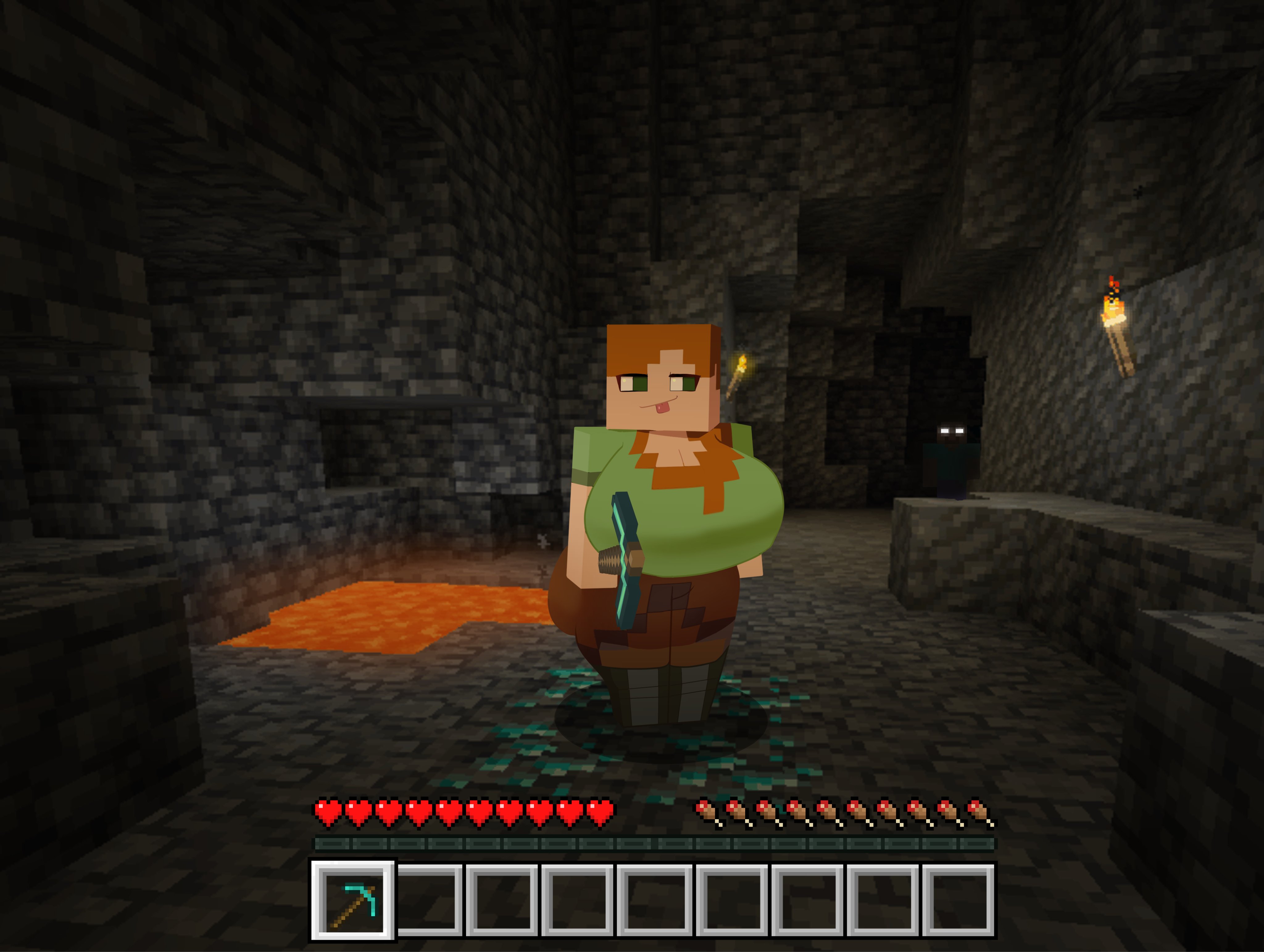 :p, 1boy, 1girls, alex (minecraft), bedroom eyes, breasts, cave, cleavage cutout, enormous breasts, female, gameplay mechanics, gameplay screenshot, herobrine, huge breasts, male, minecraft, orange eyes, red hair, renniearts00, screenshot, tongue out