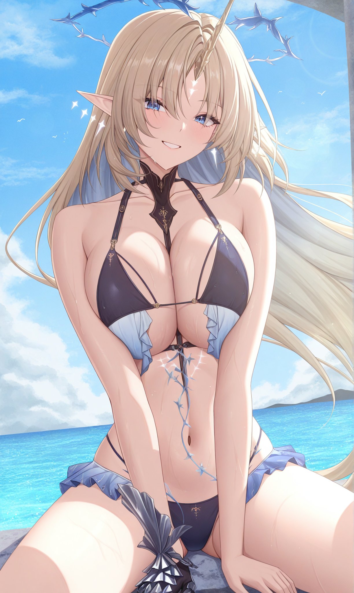 1girls, belly, blonde hair, breasts, female, fleurdelys (wuthering waves), horn, large breasts, long hair, looking at viewer, smile, wuthering waves