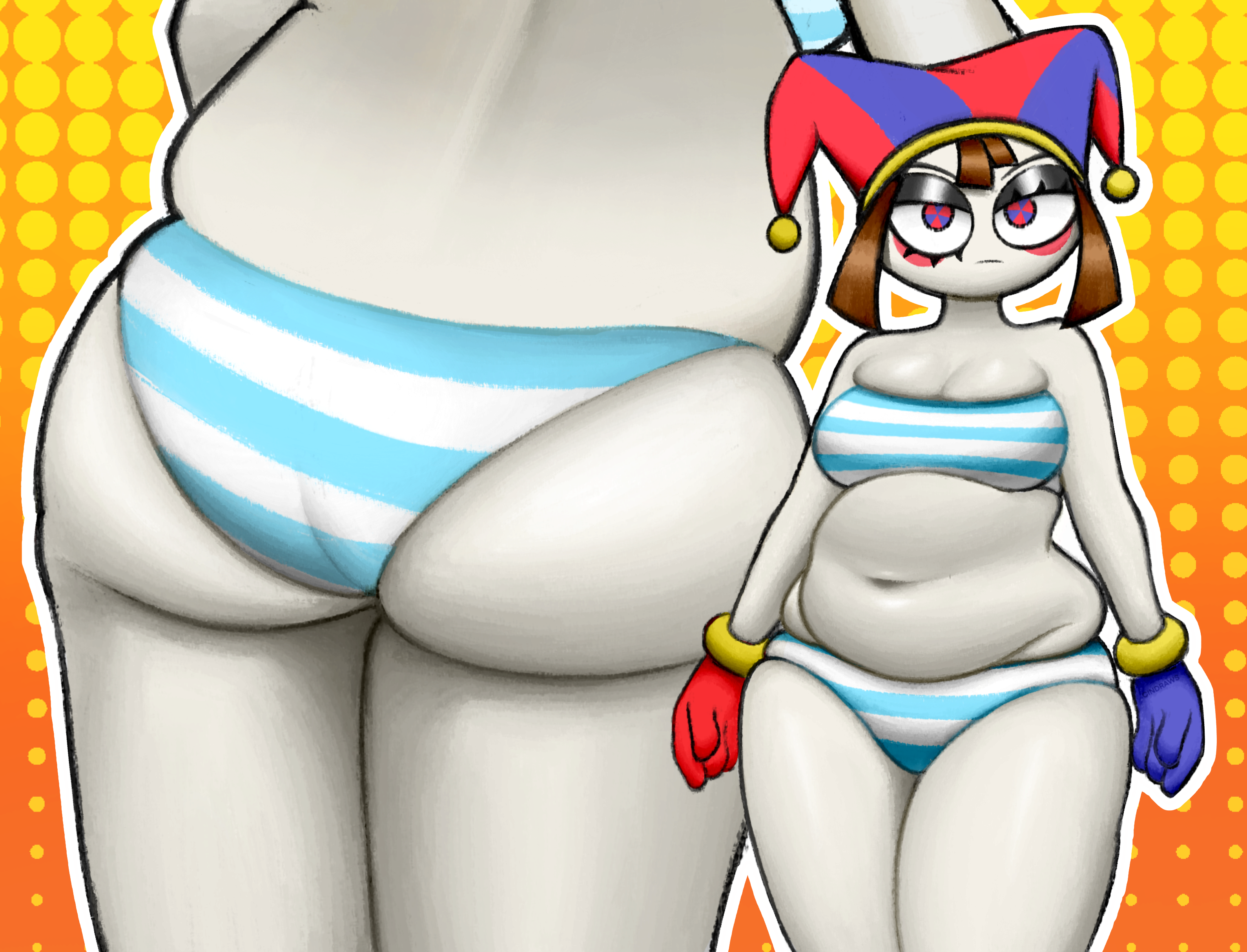 ass, belly, bikini, booty, breasts, chubby, chubby female, cindraws, clown, clown girl, fat, fat female, female, medium breasts, pomni (the amazing digital circus), solo, the amazing digital circus, thicc, thick ass, thick thighs, tummy