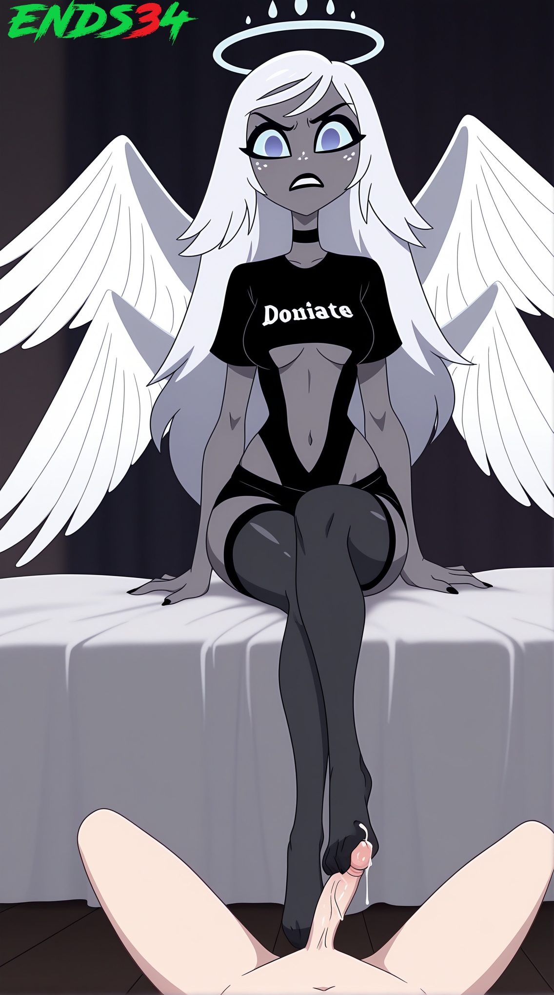2025, ai generated, emily (hazbin hotel), ends34, female, female focus, footjob, goth girl, hazbin hotel, male, penis, thighhighs