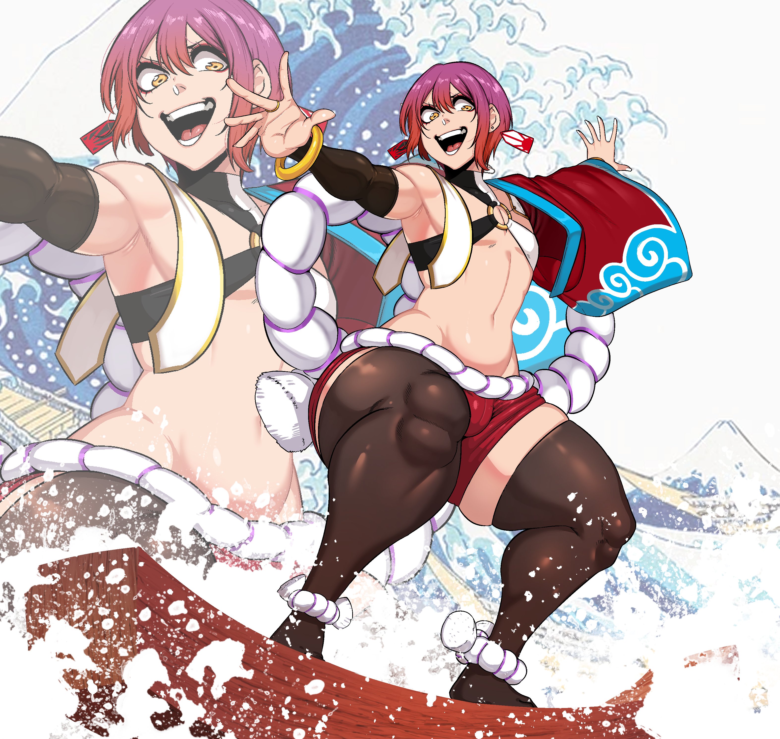 1boy, balls, balls bulge, earrings, femboy, gay, green (artist), huge thighs, ichiumi (shincoconuttsu), legwear, male, original, pale skin, pose, posing for the viewer, purple hair, shincoconuttsu, solo, tagme, yellow eyes