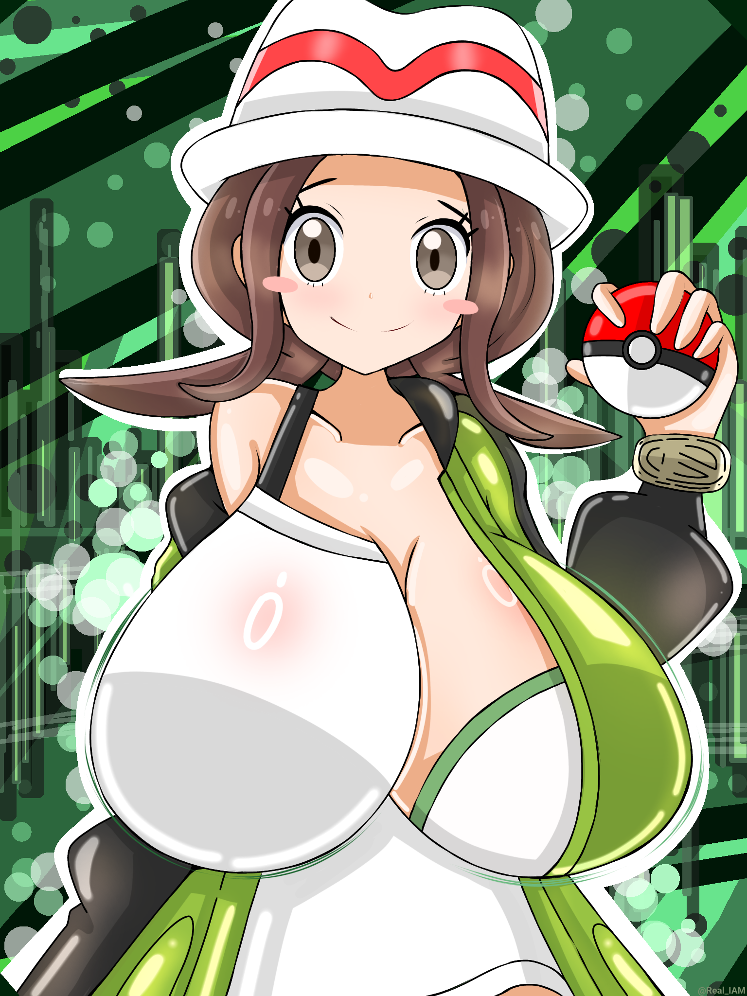 1girls, background, big breasts, bikini, breasts, brown eyes, brown hair, fanart, female, female focus, female only, game freak, green shirt, harmony (pokemon), hat, hi res, huge breasts, looking at viewer, nintendo, pokemon, pokemon legends: z-a, realiam, removing clothing, seika (pokemon), teenage female, teenager