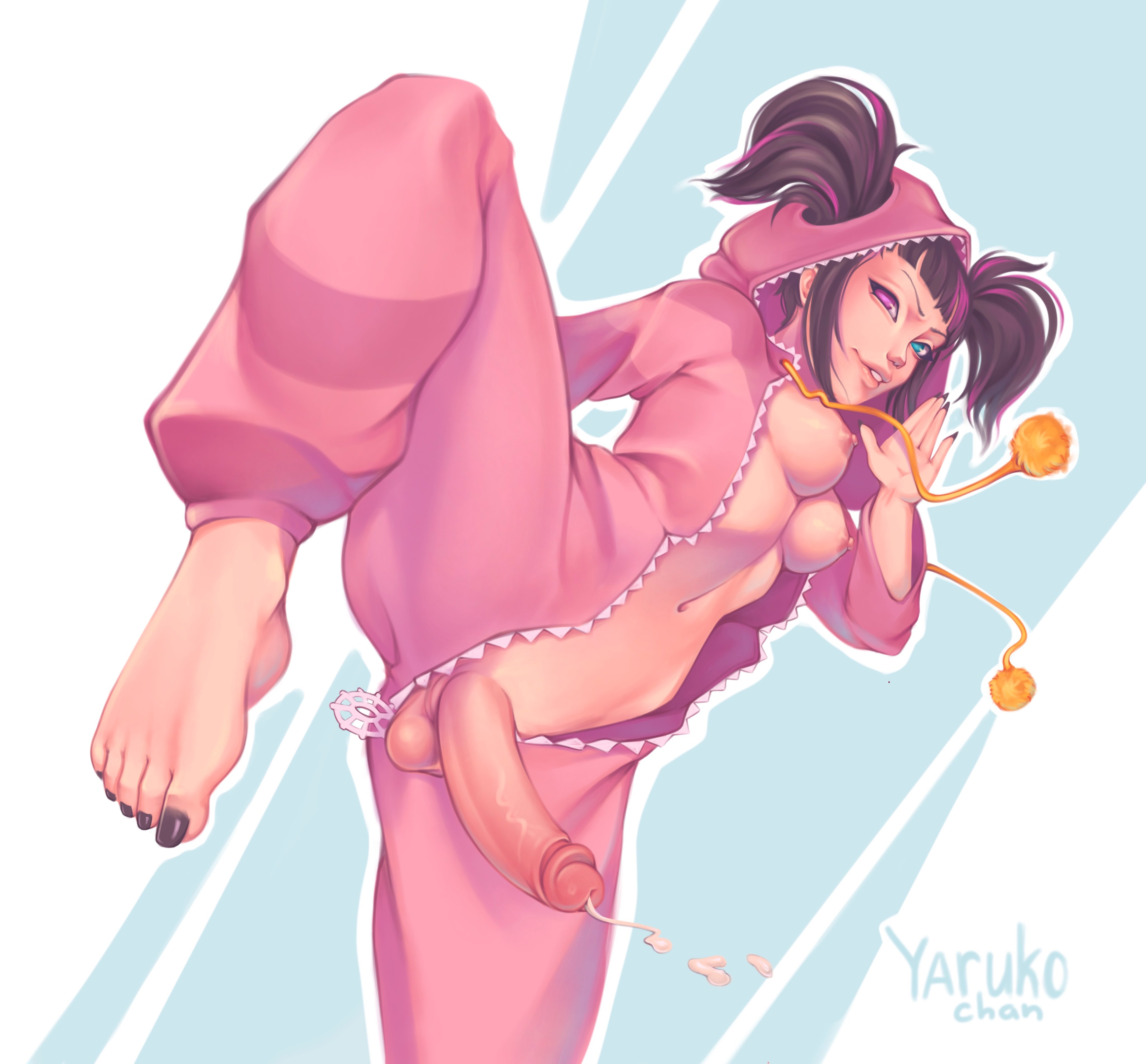 1futa, functionally nude, futa only, futanari, intersex, juri han, pajamas, solo, solo futa, street fighter, twintails, yarukochan