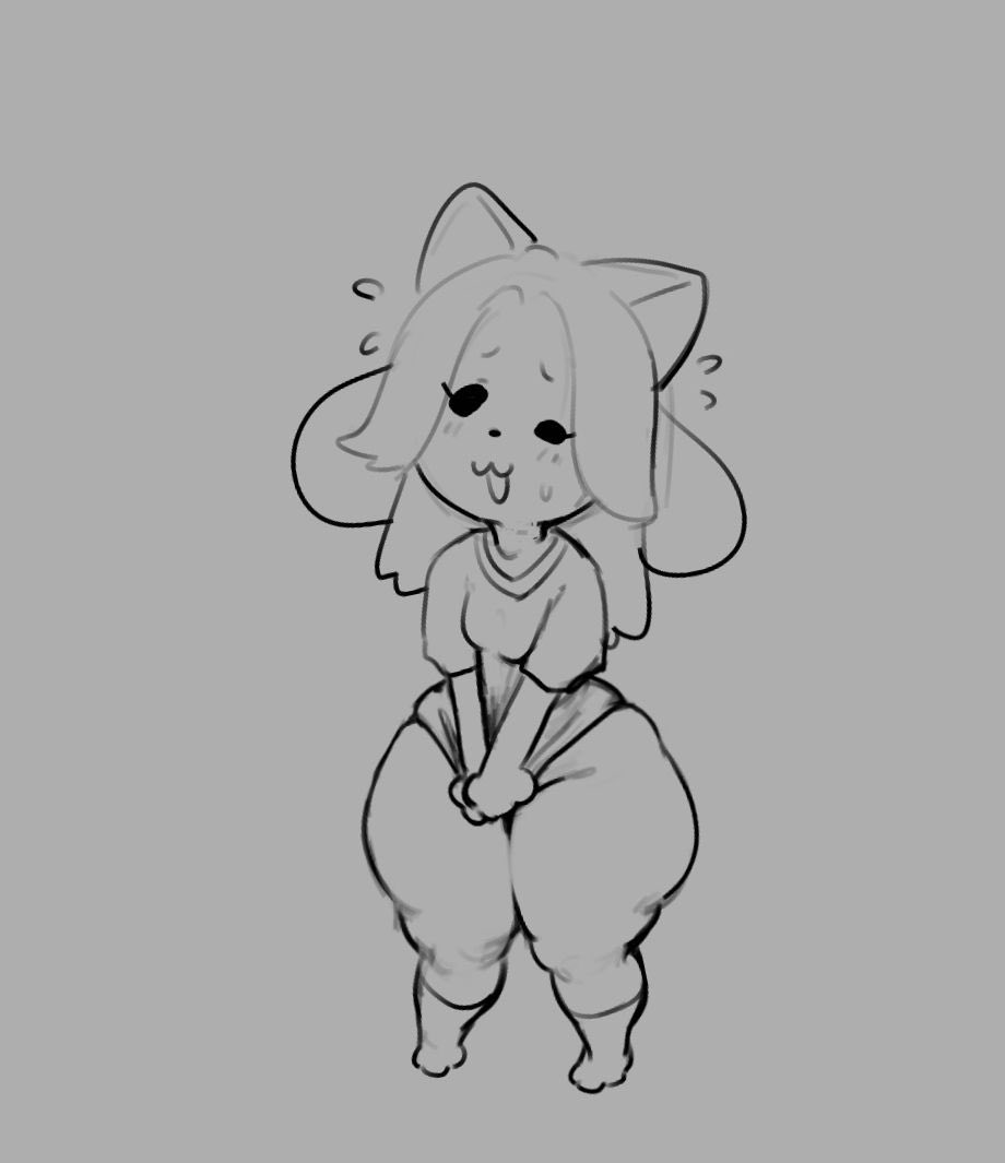 :3, 1girls, animal ears, animal feet, animal nose, anthro, barefoot, blush, body fur, bottomless, breasts, cat ears, cat girl, clothing, collarbone, covering crotch, dog ears, dog girl, ears down, embarrassed, female, flying sweatdrops, forehead, full body, furry, furry female, grey background, happy, kneehighs, legs, legs together, light blush, long hair, looking up, mammal, nervous, nervous smile, okgaki, open mouth, own hands together, pants, parted bangs, pigeon-toed, plump, raised eyebrows, shirt, shirt tug, short sleeves, shy, sidelocks, simple background, skindentation, small breasts, smile, socks, solo, standing, sweat, talking, temmie (undertale), thick thighs, thighs, undertale, v arms, wide hips