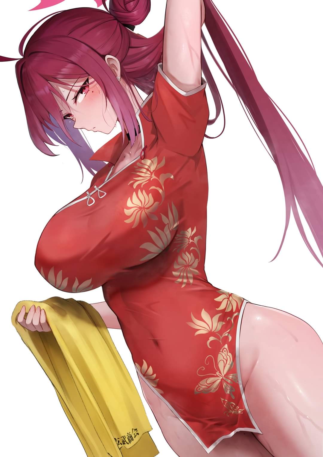 1girls, armpits, artist request, belly visible through clothing, big breasts, blue archive, breasts, female, female only, halo, line, mole under eye, nipples visible through clothing, no panties, qipao, reijo (blue archive), shanhaijing secondary school student, sweaty body, towel