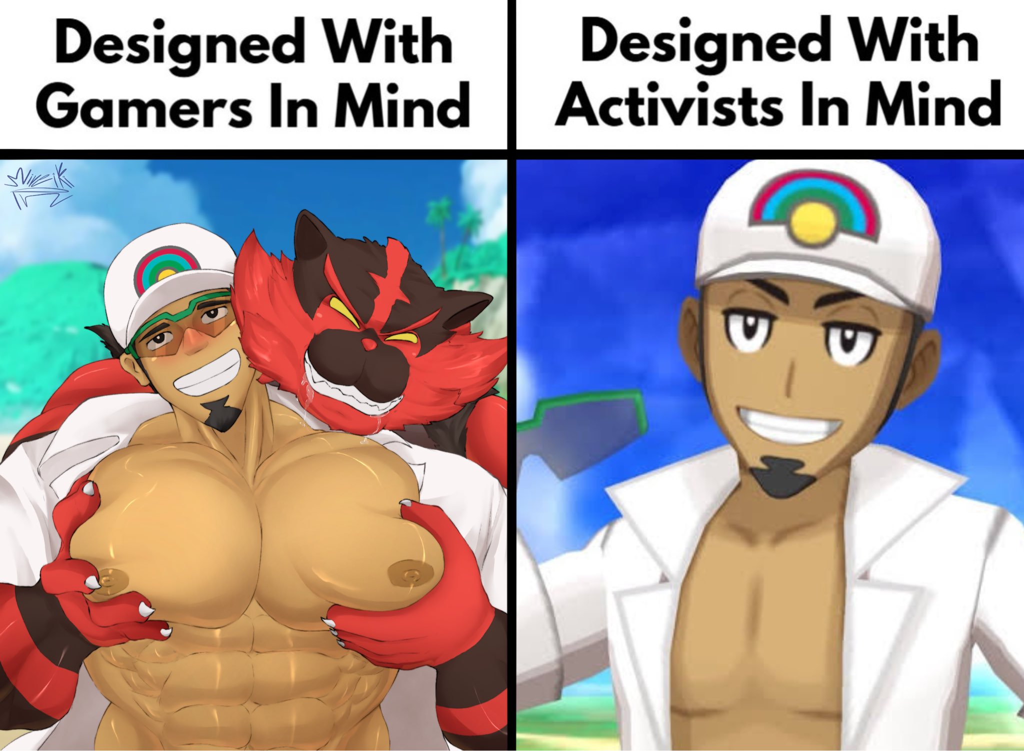 2boys, abs, bara, big breasts, big nipples, big pecs, breast grab, breasts, breasts bigger than head, breasts out, cat ears, cat humanoid, chest, claws, designed with gamers in mind, furry, gay, gritted teeth, incineroar, male, male only, male/male, meme, mireikiphanie, muscles, muscular, muscular male, nipples, pecs, pokemon, pokemon sm, pokemon usm, professor kukui, red body, red fur, saliva, saliva drip, saliva trail, smile, smiling, squeezing, squeezing breast, tan body, tan skin, yaoi, yellow eyes