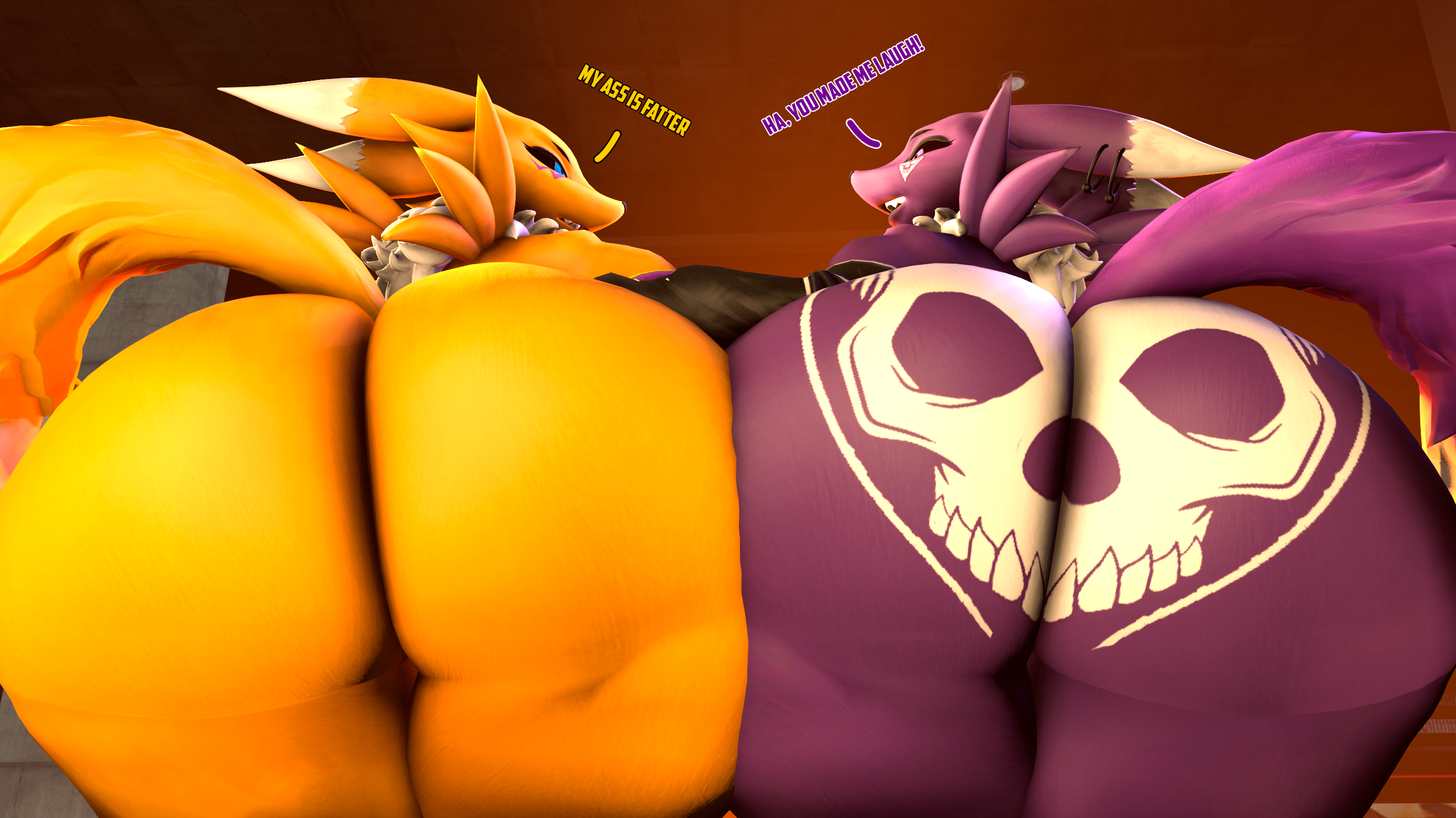 2girls, 3d, asriren, ass, ass bigger than head, bickering, big ass, big butt, blender, digimon, earrings, english text, fat ass, fat butt, female, female only, female/female, huge ass, huge butt, naked, no genitals, no sex, nude, presenting hindquarters, purple body, purple fur, renamon, render, rona (asriren), skull tattoo, skunk, talking to another, tattoo, text, thick thighs, vulpine, warfaremachine (modeler), yellow body, yellow fur