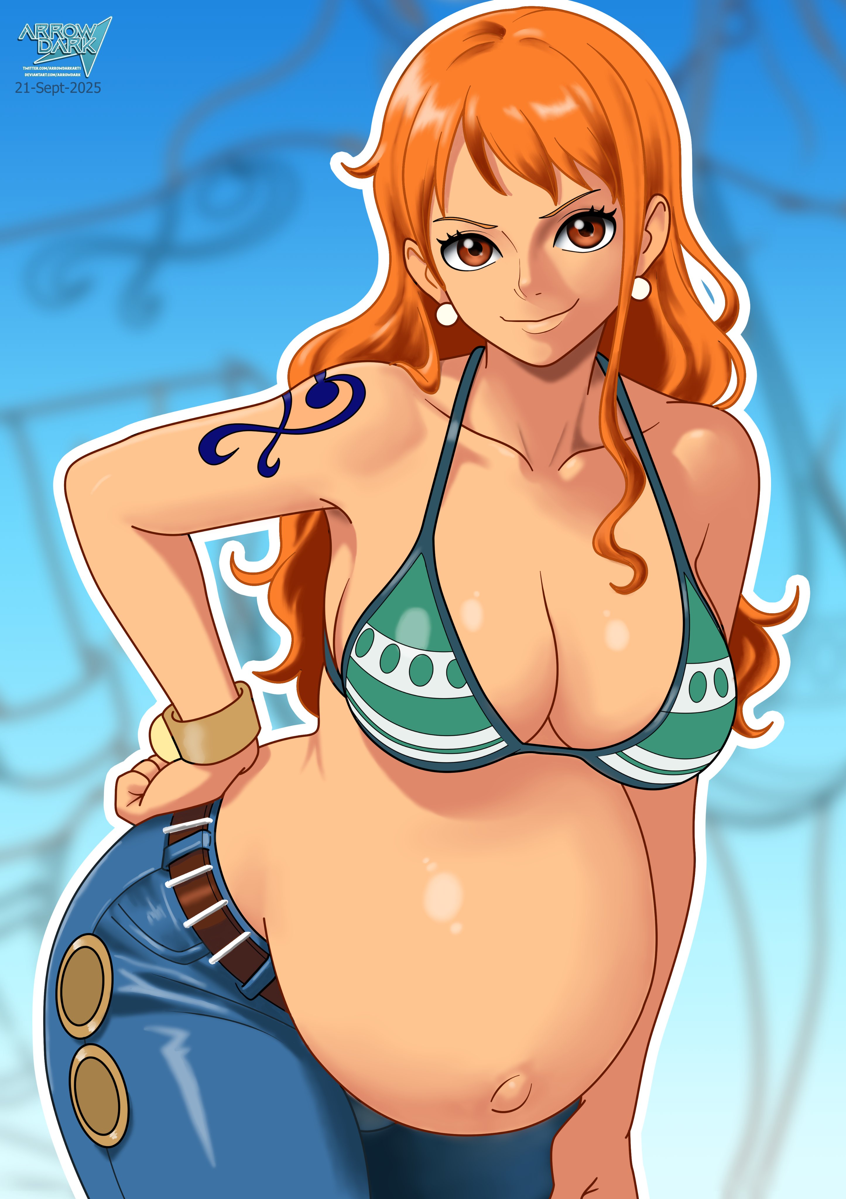 1girls, arrowdark, belly, big belly, big breasts, bikini top, breasts, cleavage, female, female only, nami (one piece), one piece, orange eyes, orange hair, outie navel, pregnant, solo
