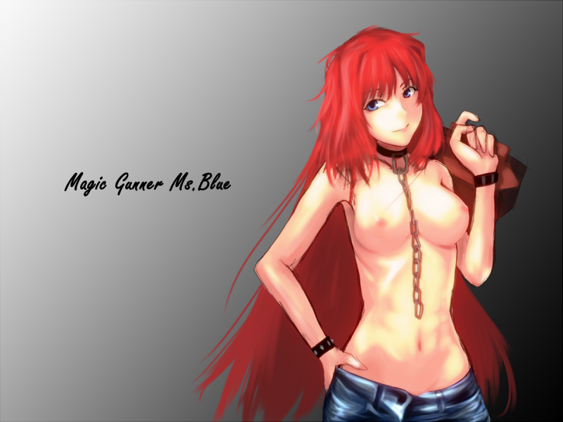 1girls aozaki_aoko blue_eyes bracelet breasts breasts_apart chains collar female hand_on_hip hips jeans jewelry leash long_hair mahou_tsukai_no_yoru melty_blood no_bra red_hair solo spiked_bracelet spikes suitcase topless topless_female tsukihime type-moon