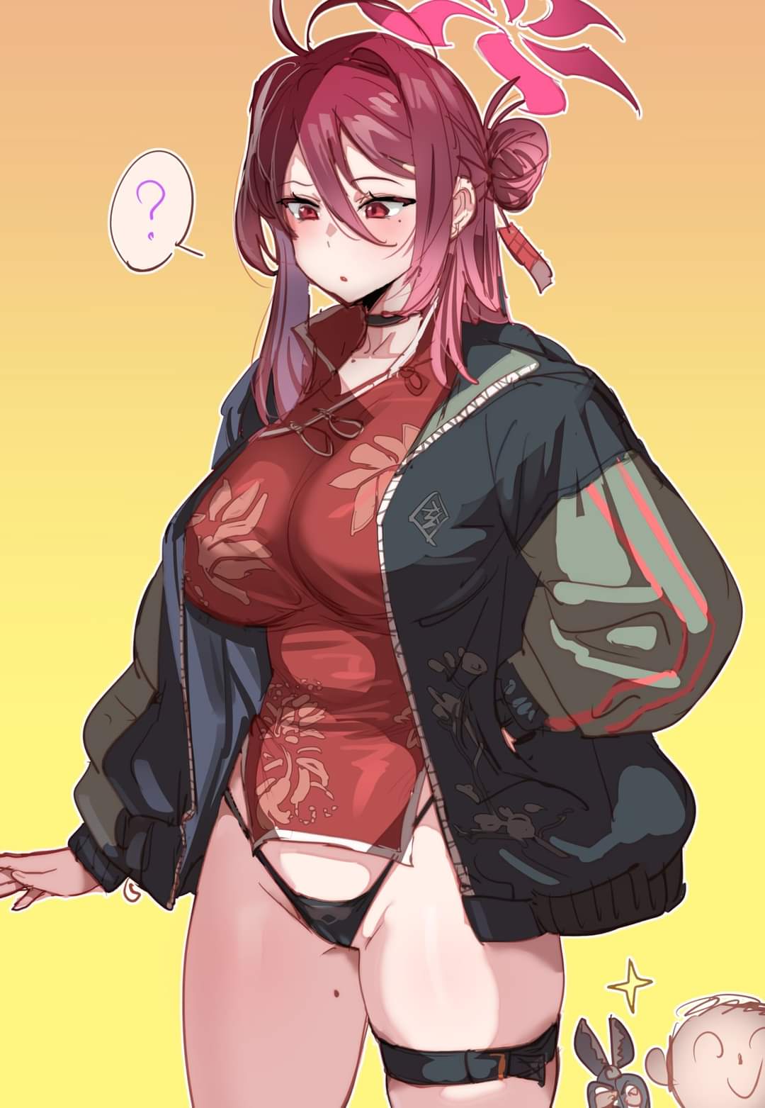 1girls, artist request, big breasts, blue archive, breasts, doodle sensei (blue archive), female, g-string, halo, jacket, male, mole on thigh, mole under eye, panties, qipao, reijo (blue archive), scissors, shanhaijing secondary school student, thick thighs