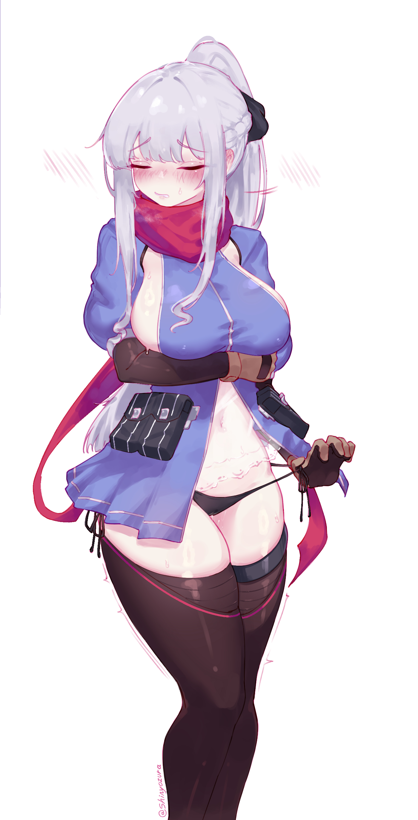 9a-91 (cosplay) (girls' frontline), 9a-91 (girls' frontline), ak-12 (girls' frontline), alternate version available, big breasts, black legwear, black panties, blush, braid, breasts, closed eyes, detached sleeves, embarrassed, female, girls' frontline, gloves, hi res, legwear, long sleeves, ponytail, pouch, red scarf, scarf, shinyozura, side-tie panties, sideboob, simple background, thighhighs, white background, white hair