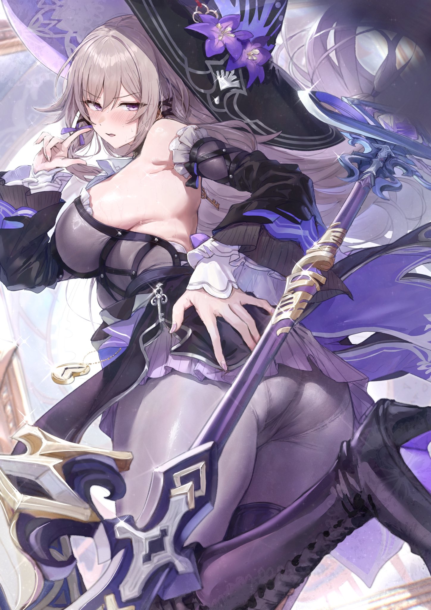 1girls, akitahika44, ass, bare shoulders, boots, breasts, brown hair, detached sleeves, female, female only, footwear, high heel boots, high heels, honkai: star rail, large breasts, long hair, looking at viewer, looking back, painted nails, panties under pantyhose, pantyhose, purple eyes, the herta (honkai: star rail), witch hat
