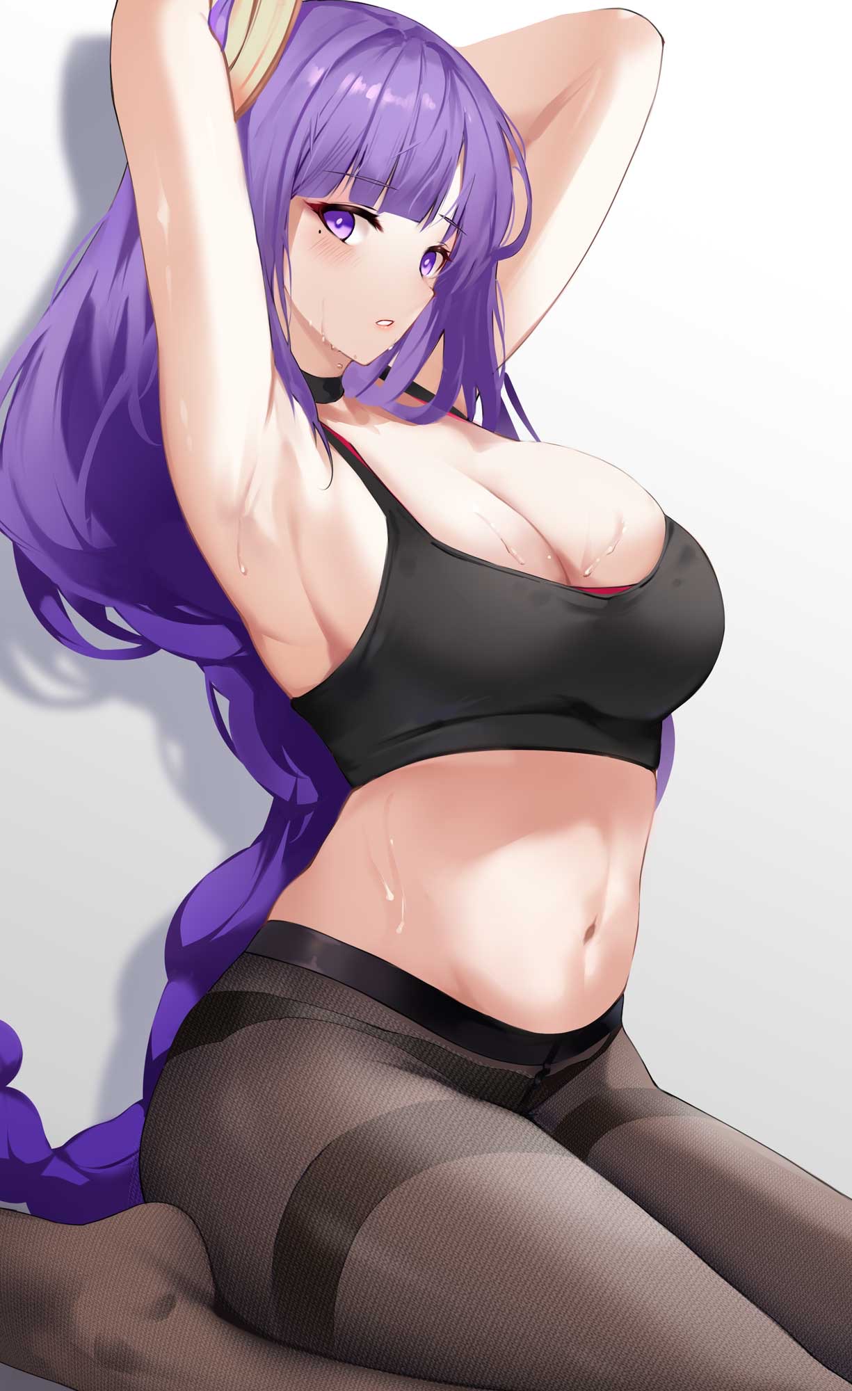 1girls, beauty mark, blush, breasts, choker, crop top, female, genshin impact, large breasts, midriff, mole, mole under eye, navel, nevin (flyskying), pantyhose, purple eyes, purple hair, raiden shogun, sports bra, workout
