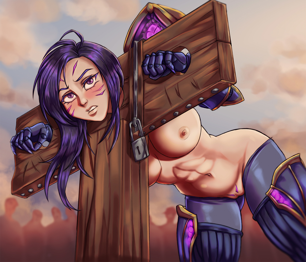 abs, bent over, blush, bondage, facial mark, female, imminent rape, imminent sex, kai'sa, league of legends, muscular, muscular female, navel, pants, pants down, pillory, public use, purple eyes, purple hair, pussy, rammionn, rape, riot games, tagme