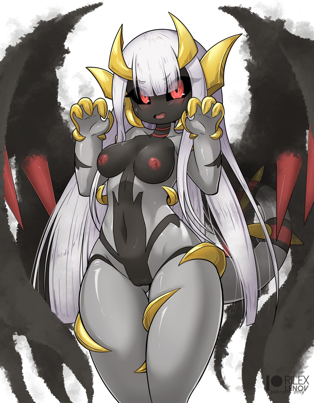 1girls anthro anthrofied gijinka giratina nipples pokémon_(species) pokemon pokemon_dppt red_eyes rilex_lenov tagme white_hair wings