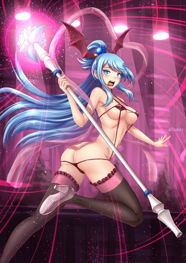 adsouto, aqua (konosuba), bikini, breasts, busty, curvy, demon, demon girl, female, female only, kono subarashii sekai ni shukufuku wo!, revealing clothes, skimpy clothes, stockings, string bikini, tail, wings