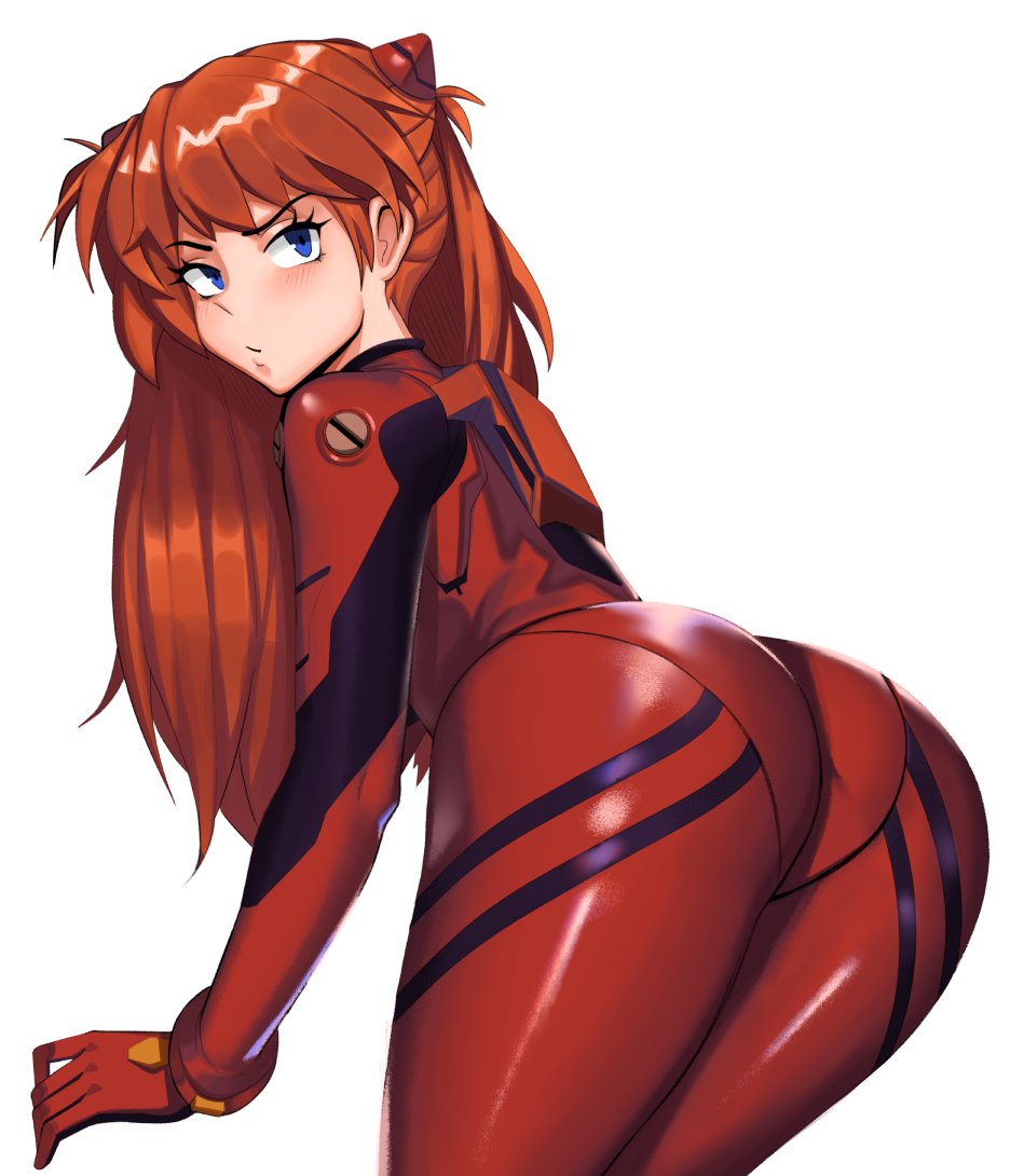 1girls ass asuka_langley_sohryu blush bodysuit clothed clothed_female clothes clothing dat_ass female female_only fully_clothed kevbot looking_at_viewer looking_back neon_genesis_evangelion solo tight_clothing white_background