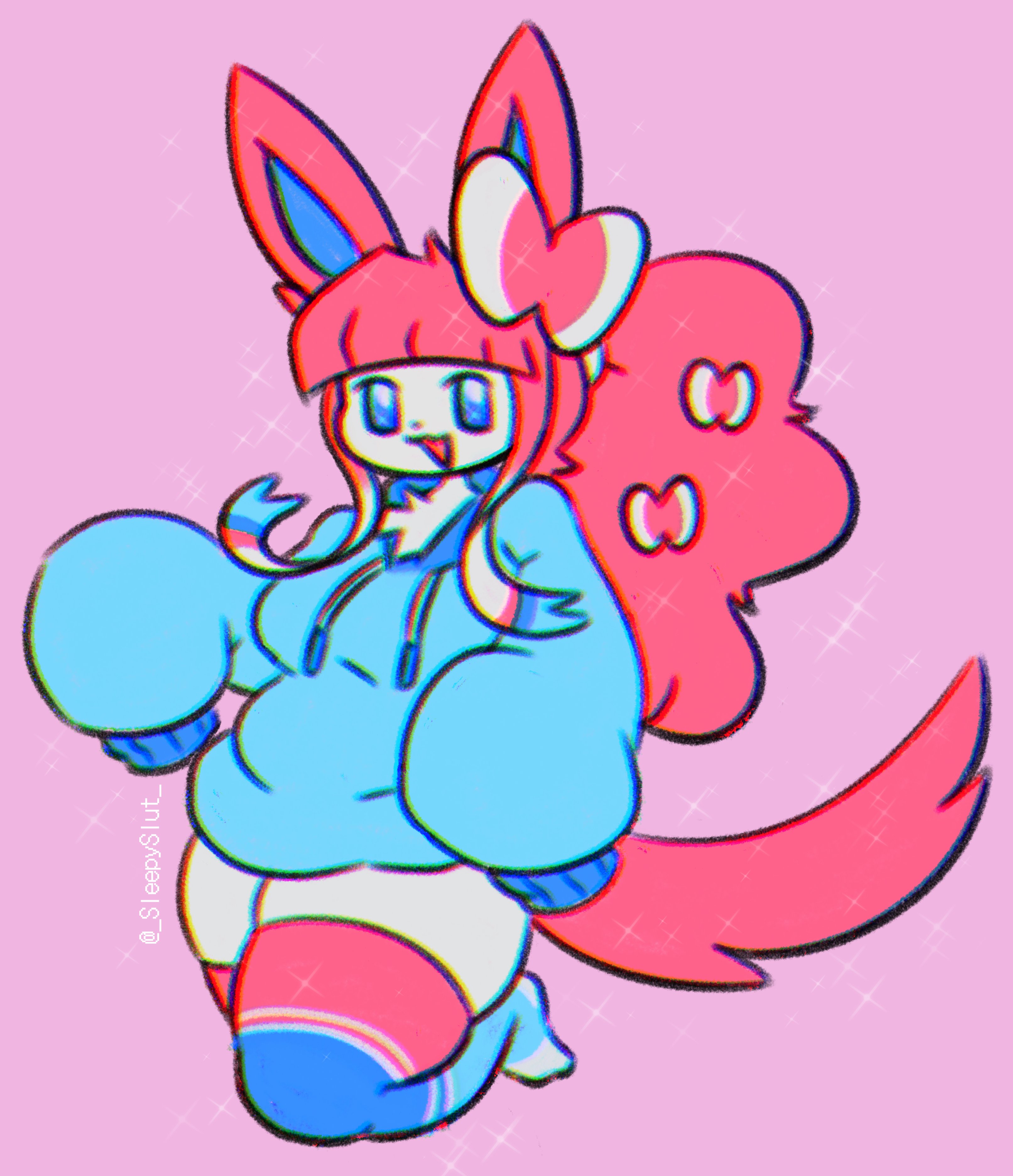 :3, 2021, blue eyes, breasts, cake the sylveon, chromatic aberration, chubby, chubby female, cute, eeveelution, female, hoodie, large ears, large tail, large thighs, long sleeves, looking at viewer, medium breasts, nintendo, oc, pink fur, pokemon, pokemon (species), ponytail, ribbons, sleepyslut, small nose, sparkles, stockings, sylveon, white fur