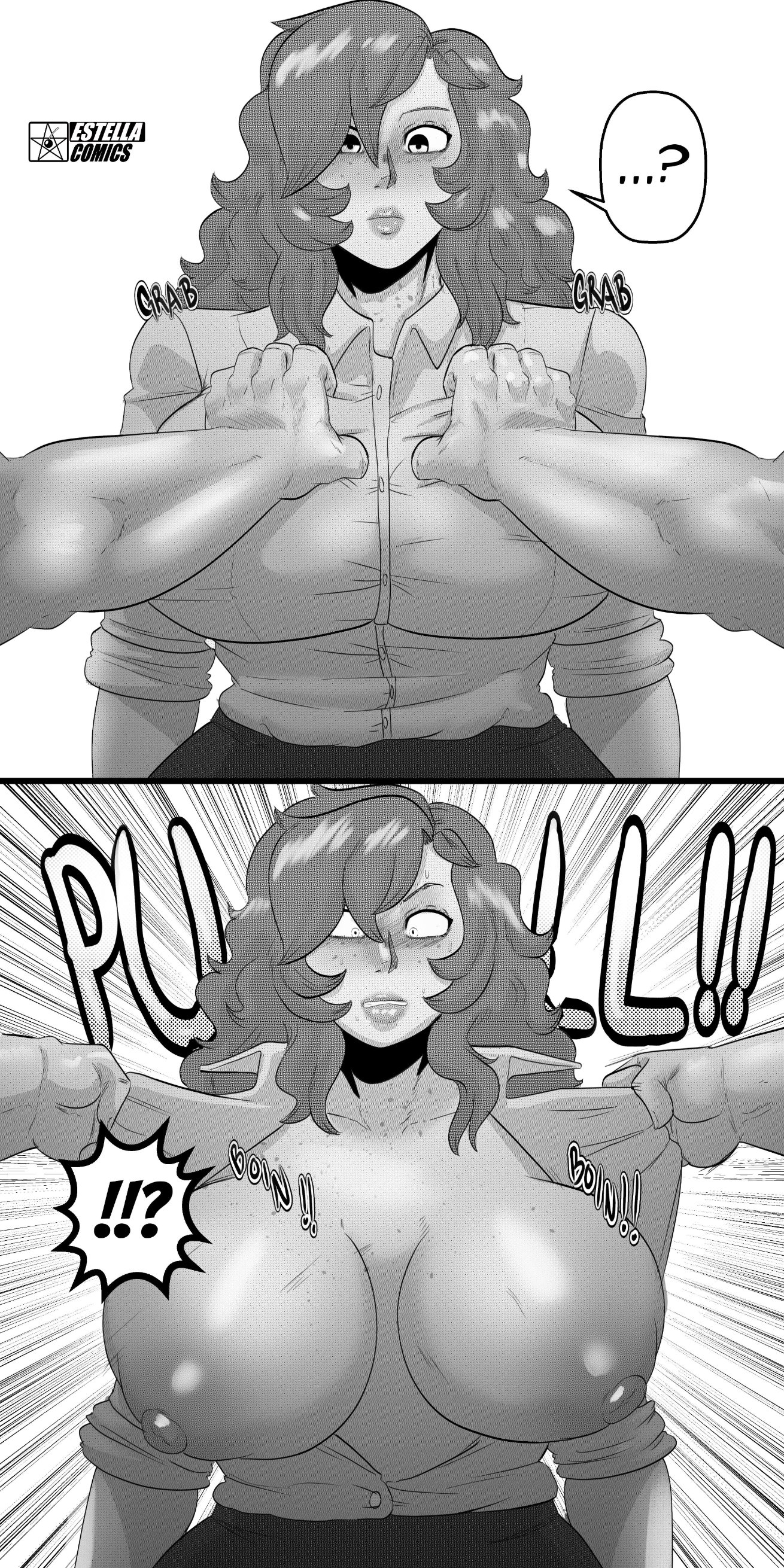 !, !?, ?, ?!, big breasts, breasts, comic, comic strip, crimson sterlyn, estella comics, exposed breasts, exposed nipples, female, female focus, freckles, huge breasts, mannyestella, monochrome, mrestella, oc, original, original character, pov, tagme
