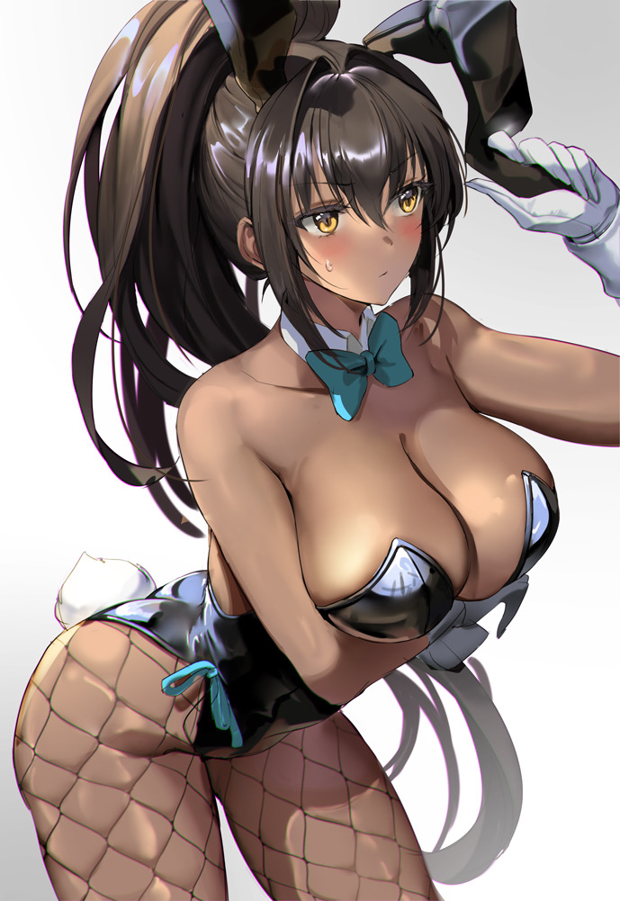 1girls, artist request, big breasts, blue archive, blush, breasts, brown hair, bunny ears, bunny girl, bunny tail, bunnysuit, dark skin, dark-skinned female, embarrassed, female, fishnets, karin (blue archive), karin (bunny) (blue archive), millennium science school student, thick thighs, thighs, yellow eyes
