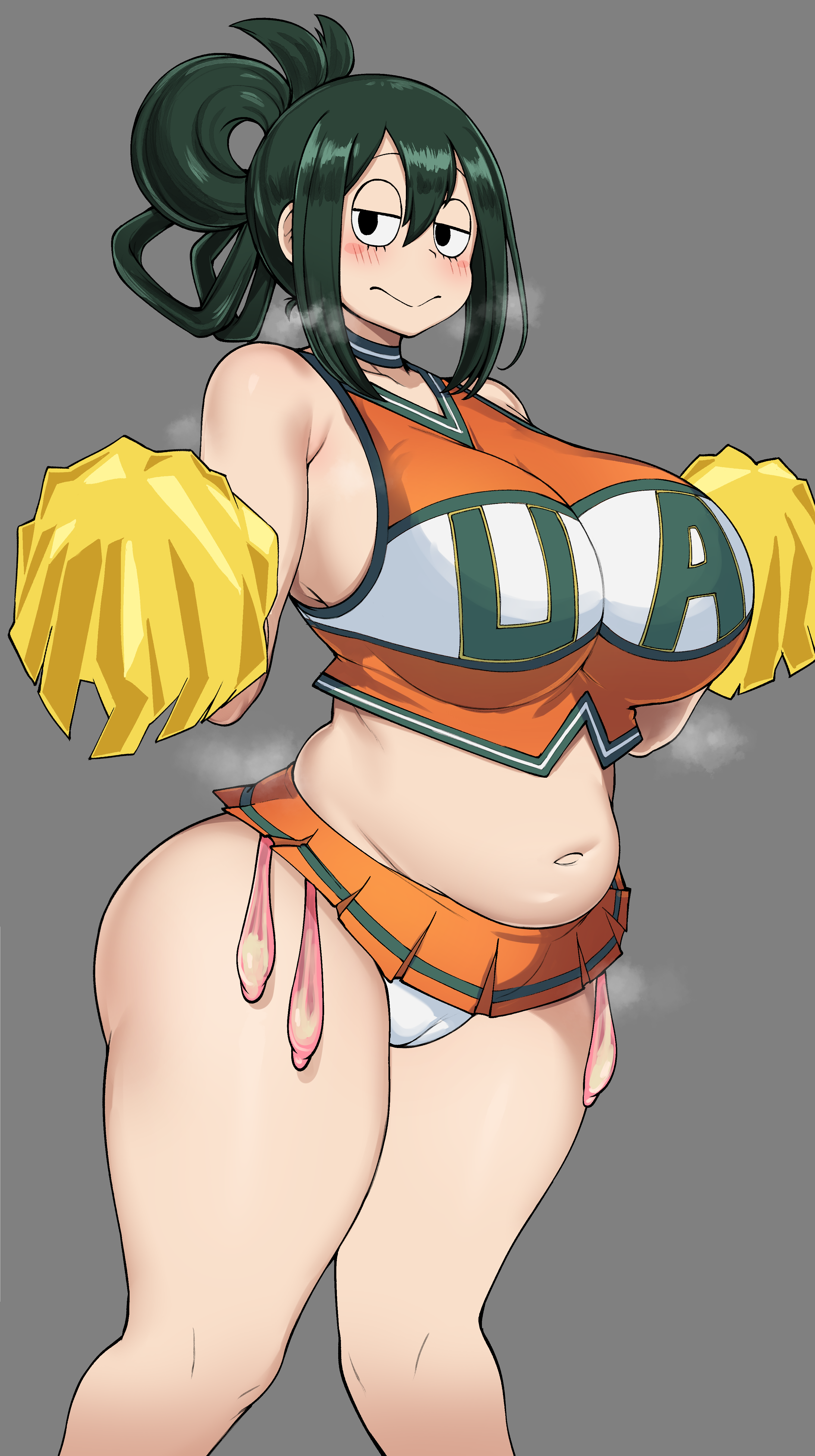 1girls, absurd res, ass hanging out, ass hanging out of skirt, belly, beltskirt, big breasts, blush, breasts, cameltoe, cham22, chamchami, cheerleader, cheerleader uniform, condom, eye contact, female, filled condom, grey background, half-closed eyes, high resolution, huge breasts, large breasts, long hair, looking at viewer, microskirt, my hero academia, panties, pussy, skirt, solo, standing, thick thighs, thighs, tsuyu asui, u.a. cheerleader outfit, used condom, wide hips