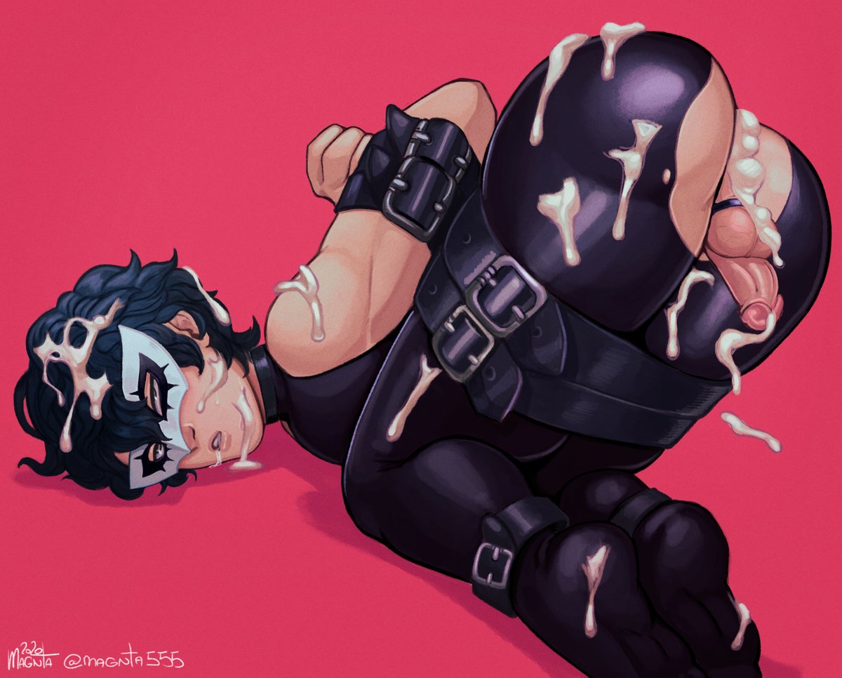 1boy, 2020, after anal, after oral, after sex, akira kurusu, ass, atlus, black legwear, bound legs, gay, magnta, male, mask, persona, persona 5, pink background, presenting hindquarters, ren amamiya, restrained, source request, torn clothes, yaoi