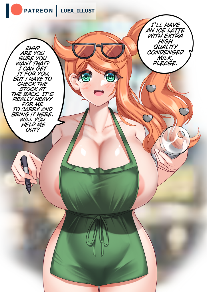 1girls alternate_breast_size apron aqua_eyes big_breasts breasts eye_contact eyewear_on_head female glasses huge_breasts iced_latte_with_breast_milk large_breasts looking_at_viewer luex meme nintendo orange_hair pokemon pokemon_ss side_ponytail solo sonia_(pokemon) speech_bubble standing text thick_thighs thighs wide_hips