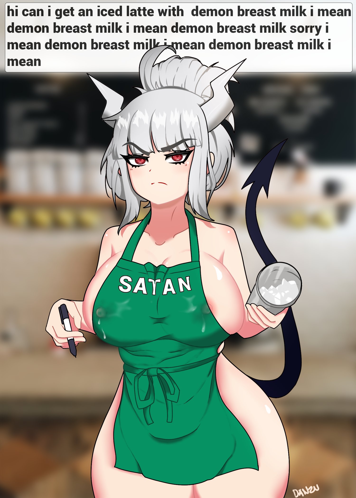 annoyed, apron, apron only, barista, breasts, demon, demon girl, female, helltaker, horns, iced latte with breast milk, lactation, large breasts, lucifer (helltaker), meme, red eyes, tail, white hair