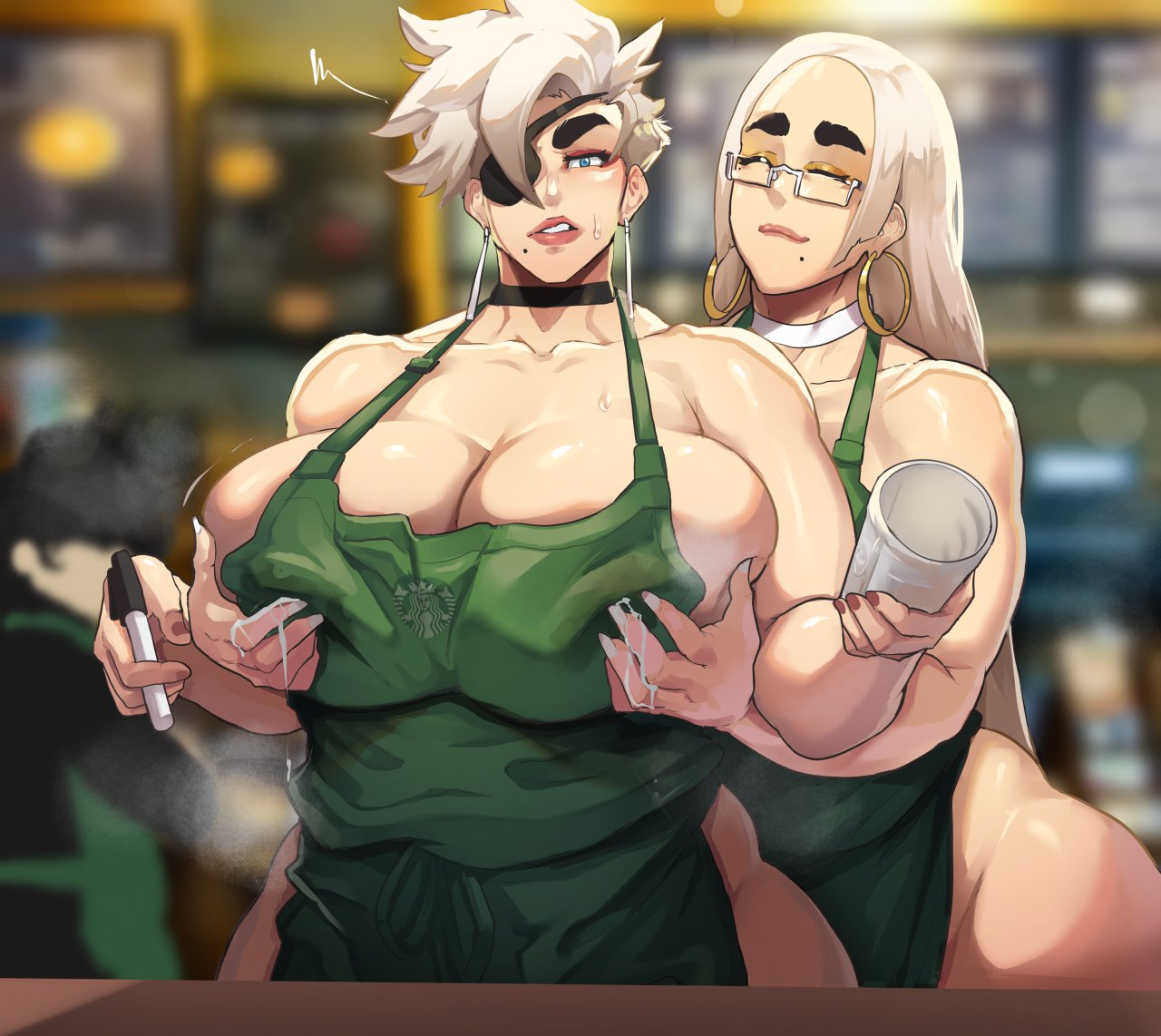 1futa 1girls apron barista beauty_mark big_breasts blonde_hair blue_eyes breasts_grab closed_eyes clothed clothing curvy donaught duo earrings eye_patch fajji female futanari glasses grabbing_breasts huge_breasts human iced_latte_with_breast_milk iced_latte_with_dick_milk lactation lactation_through_clothes large_breasts light-skinned_female light_skin long_hair meme miffu milf mole mole_under_mouth mostly_nude naked naked_apron original pale_skin short_hair siblings standing tomboy tomboy_milf venus_body voluptuous wide_hips